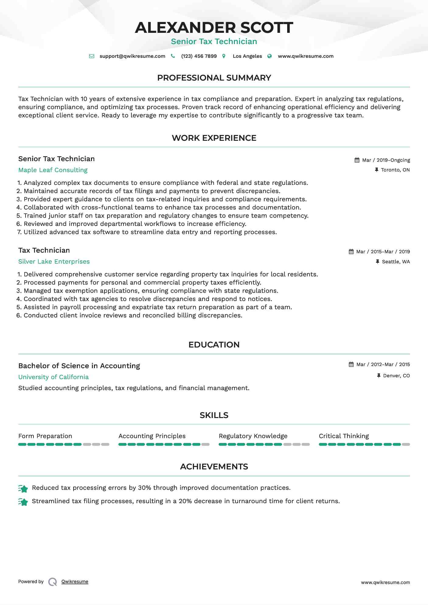 Senior Tax Technician Resume Format