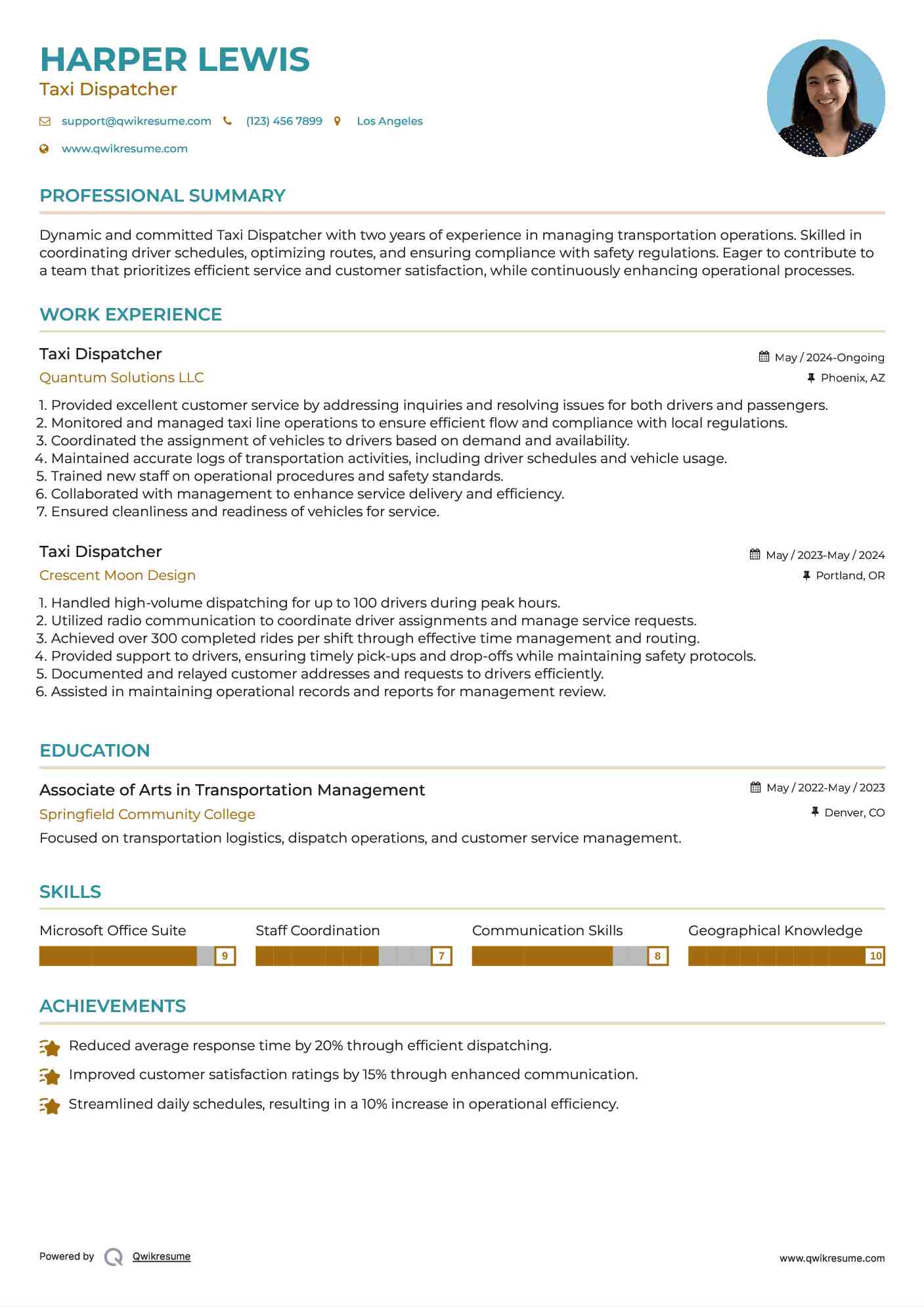 Taxi Dispatcher Resume Sample