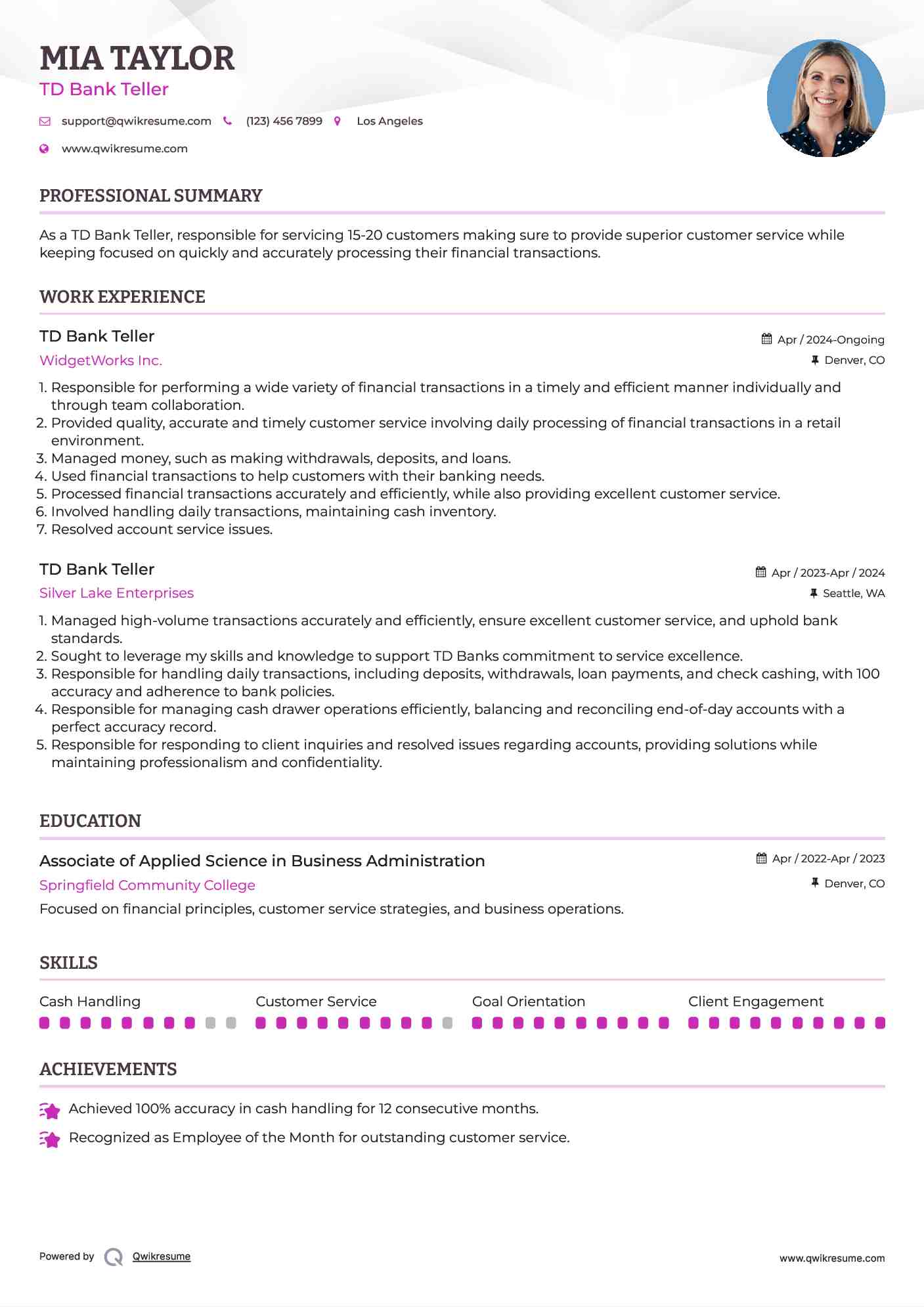 TD Bank Teller Resume Model