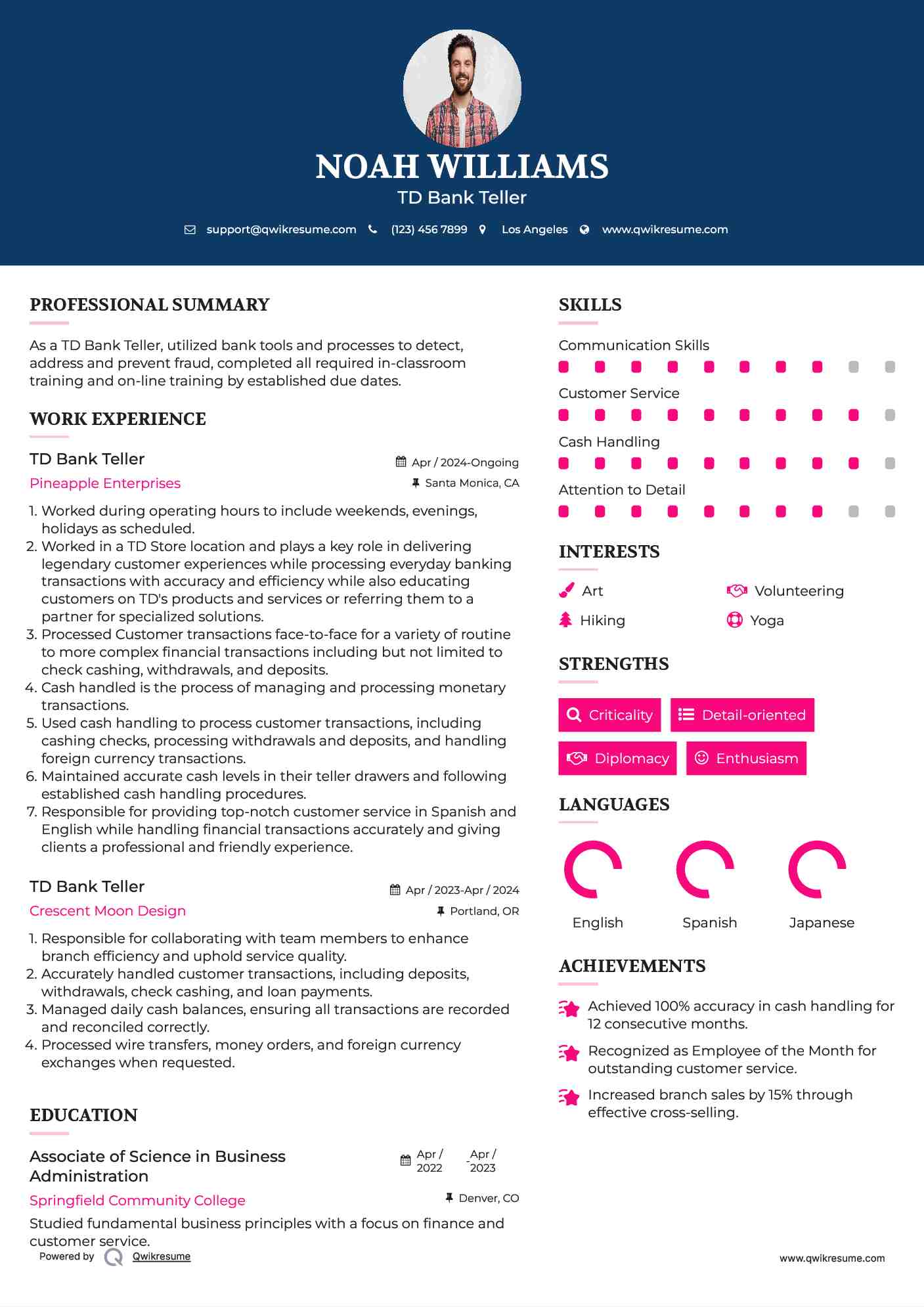 TD Bank Teller Resume Sample