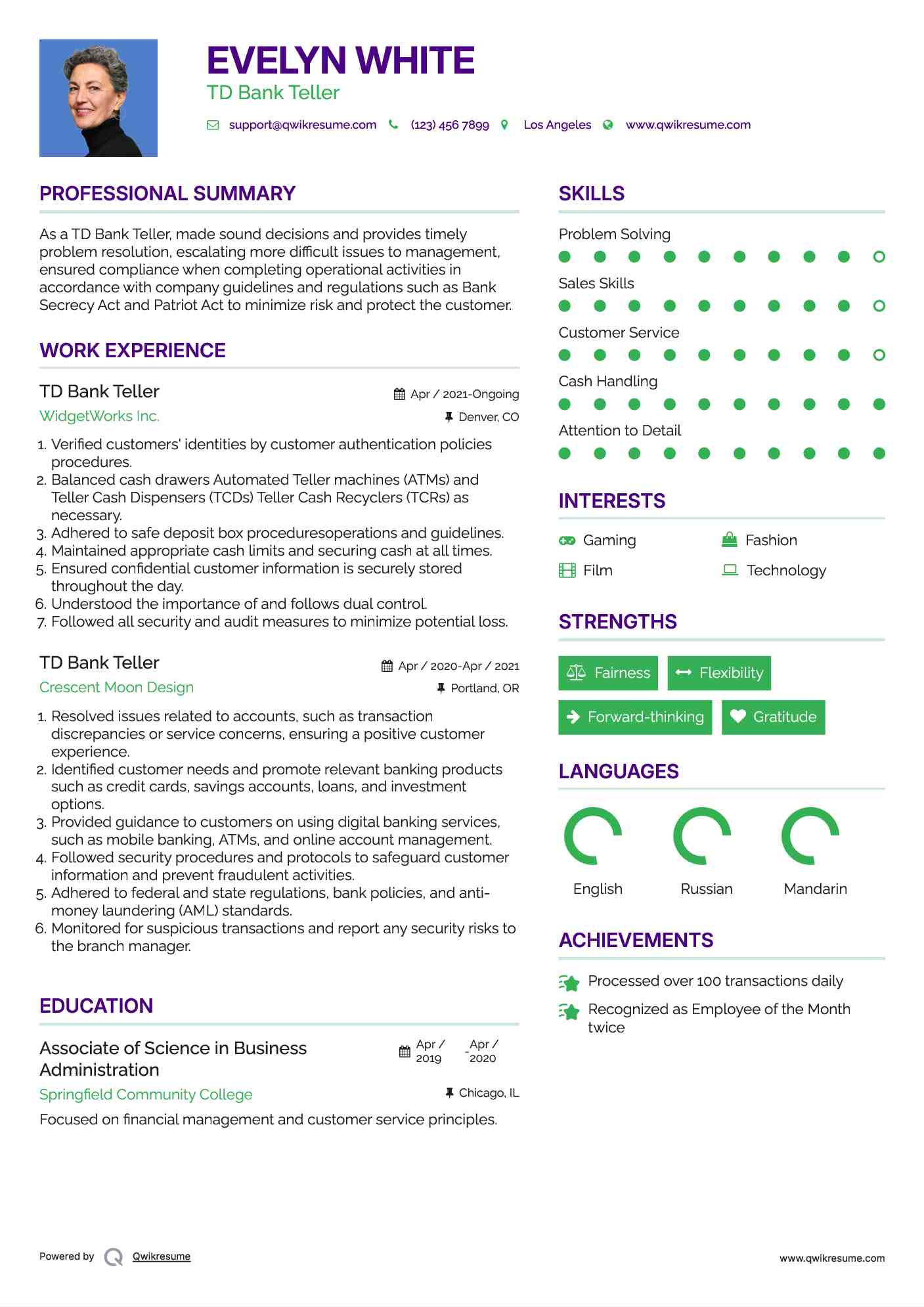 TD Bank Teller Resume Example