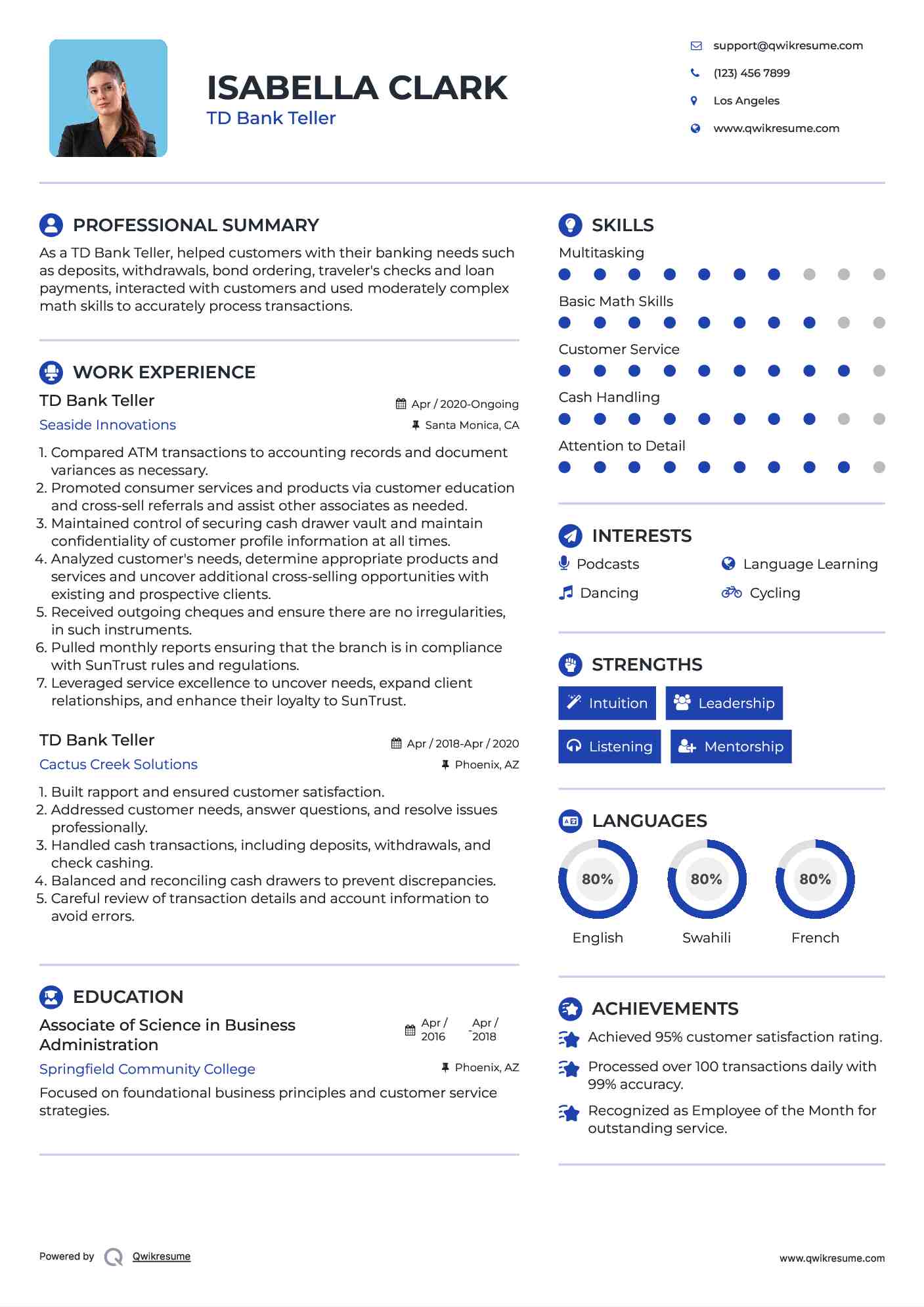 TD Bank Teller Resume Model