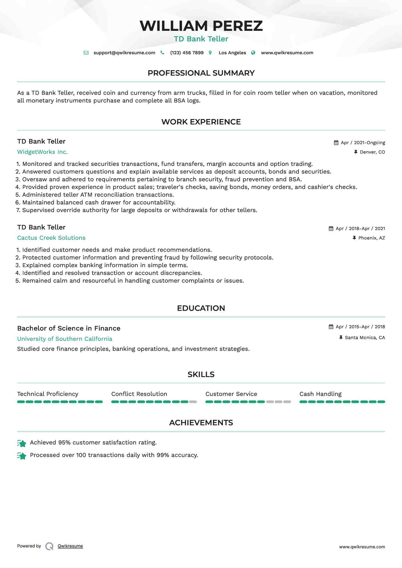TD Bank Teller Resume Format