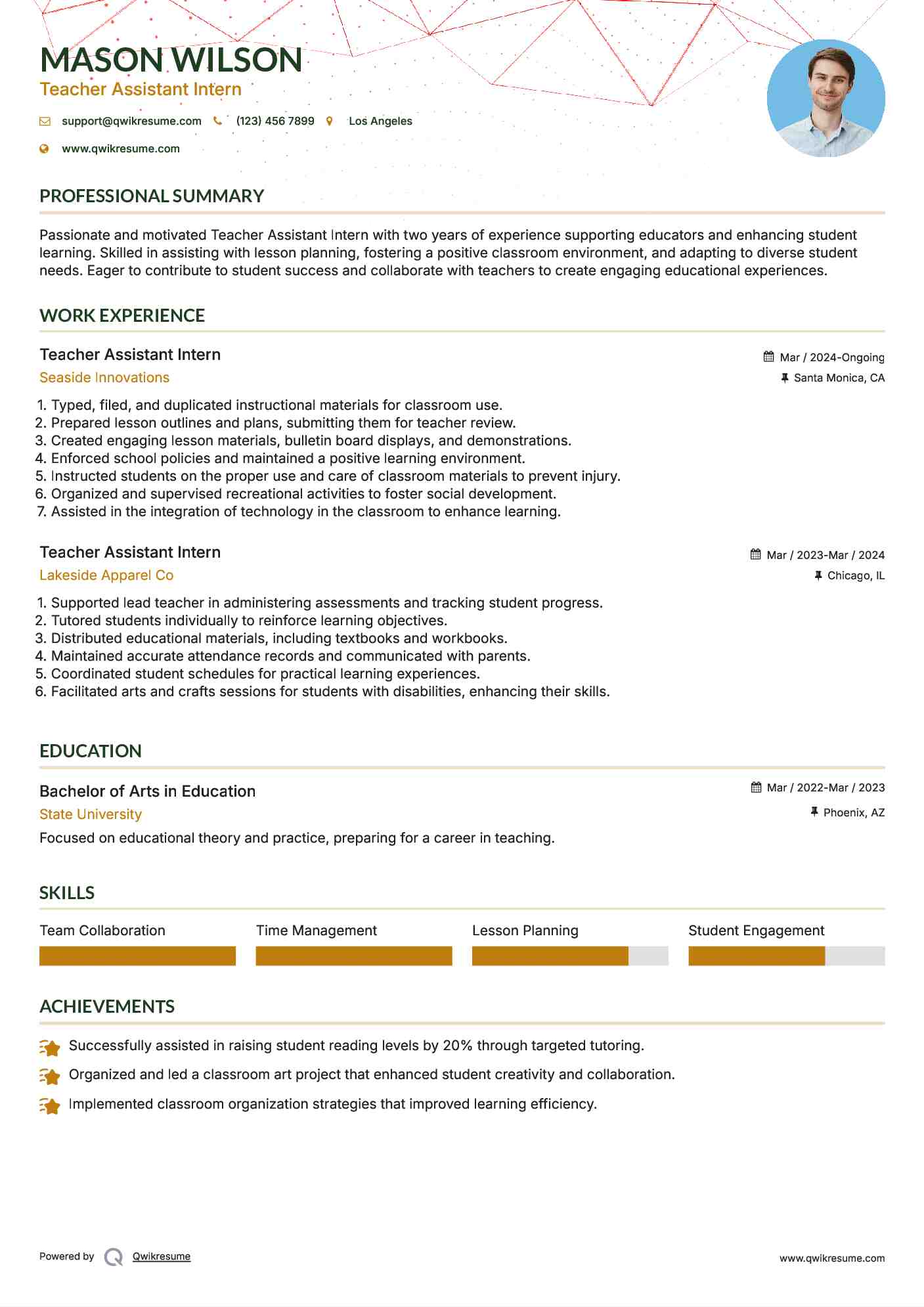Teacher Assistant Intern Resume Template