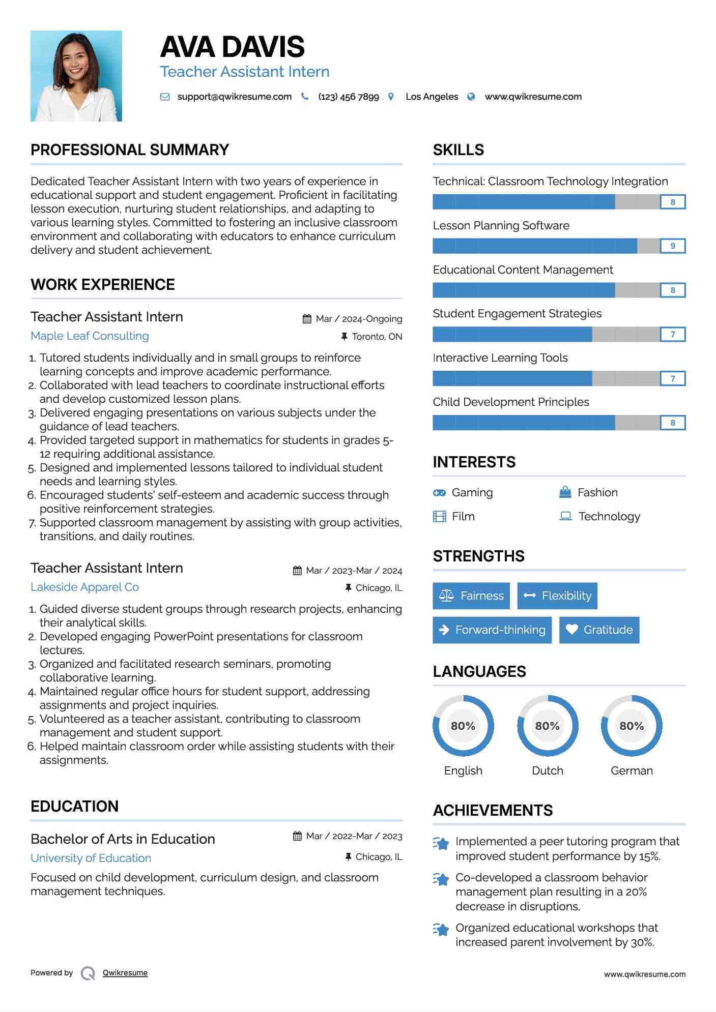 Teacher Assistant Intern Resume Model