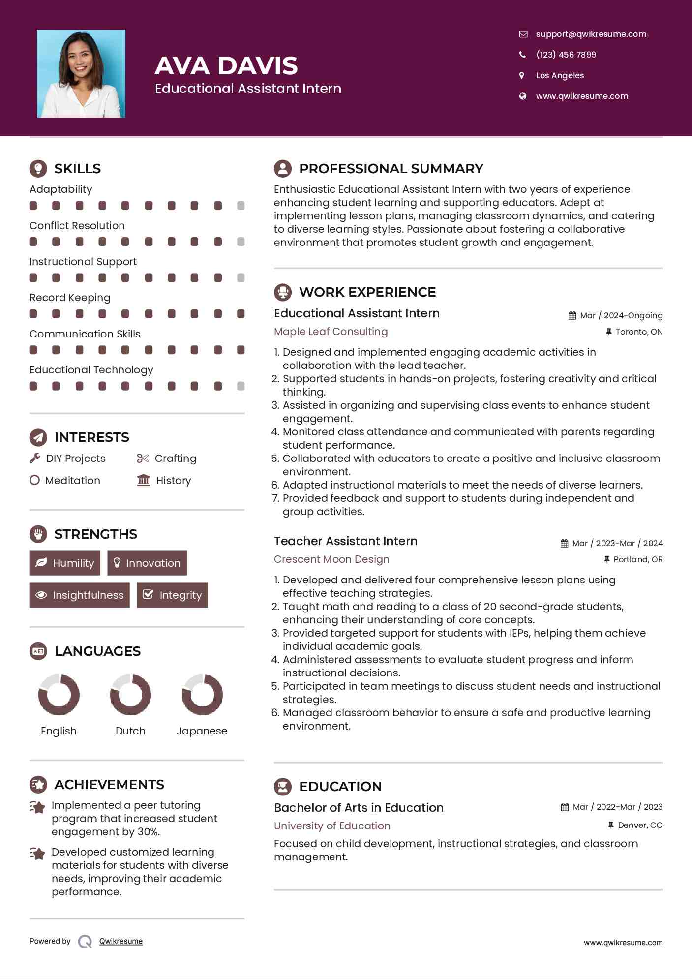 Educational Assistant Intern Resume Template