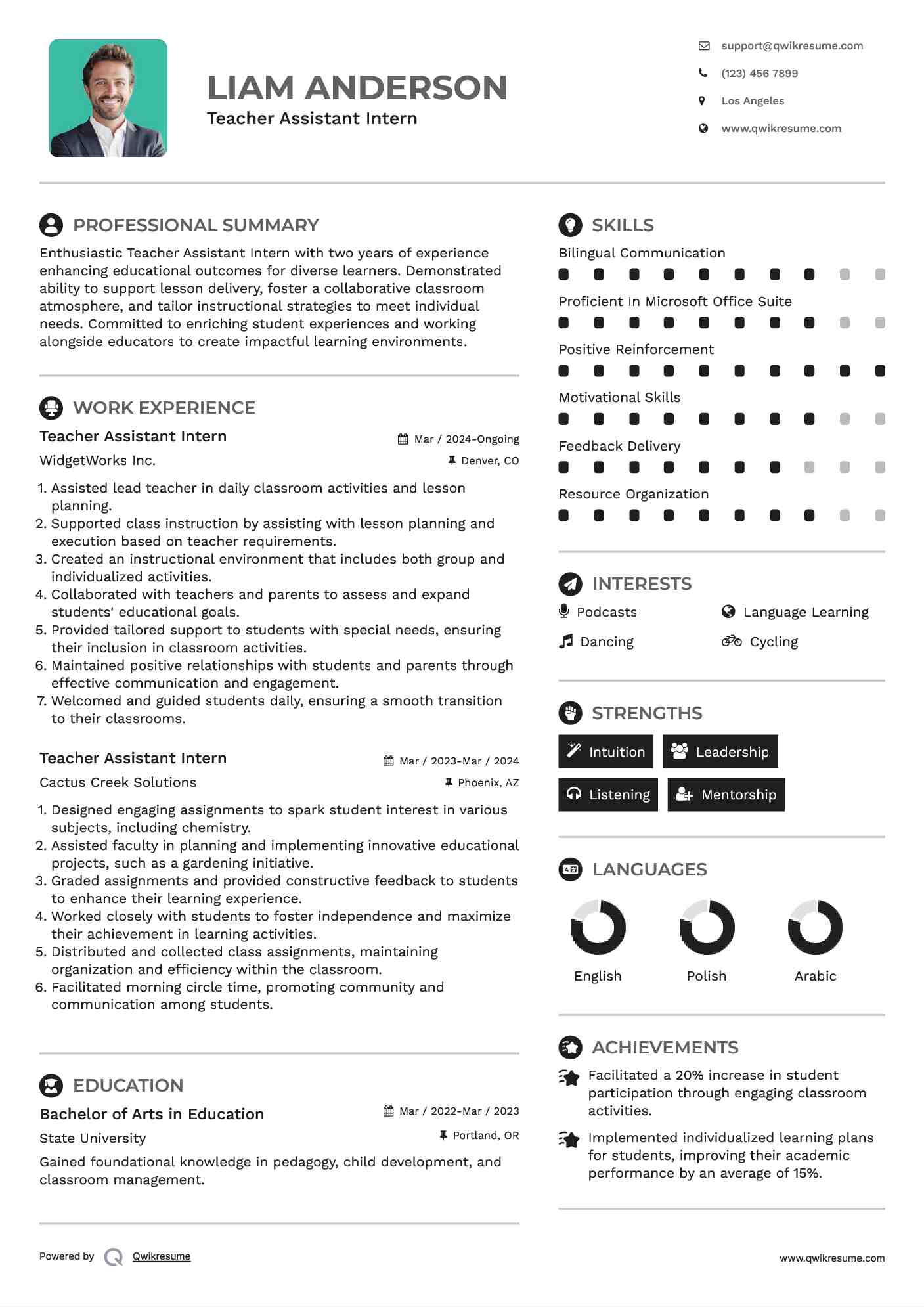 Teacher Assistant Intern Resume Sample