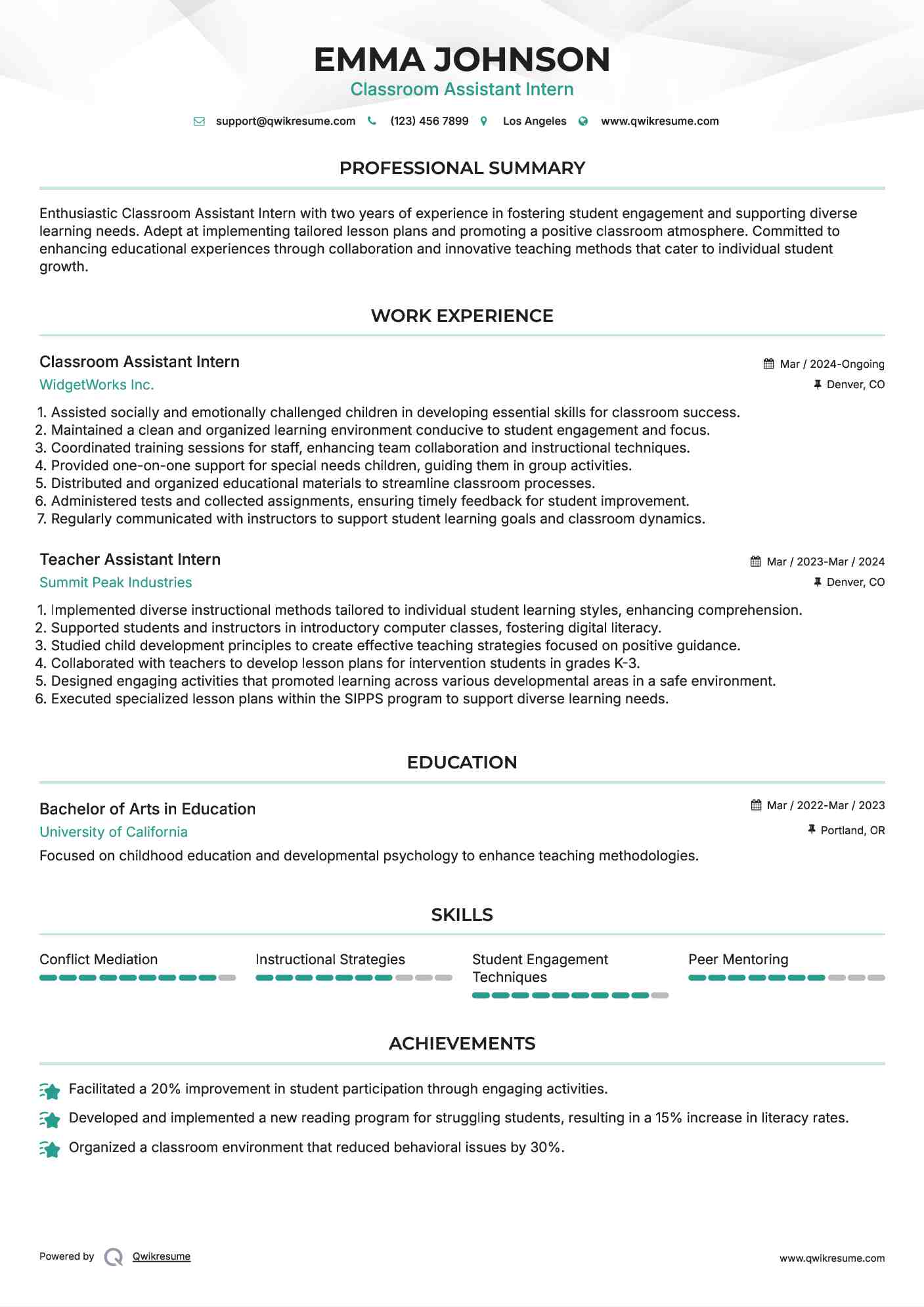 Classroom Assistant Intern Resume Example