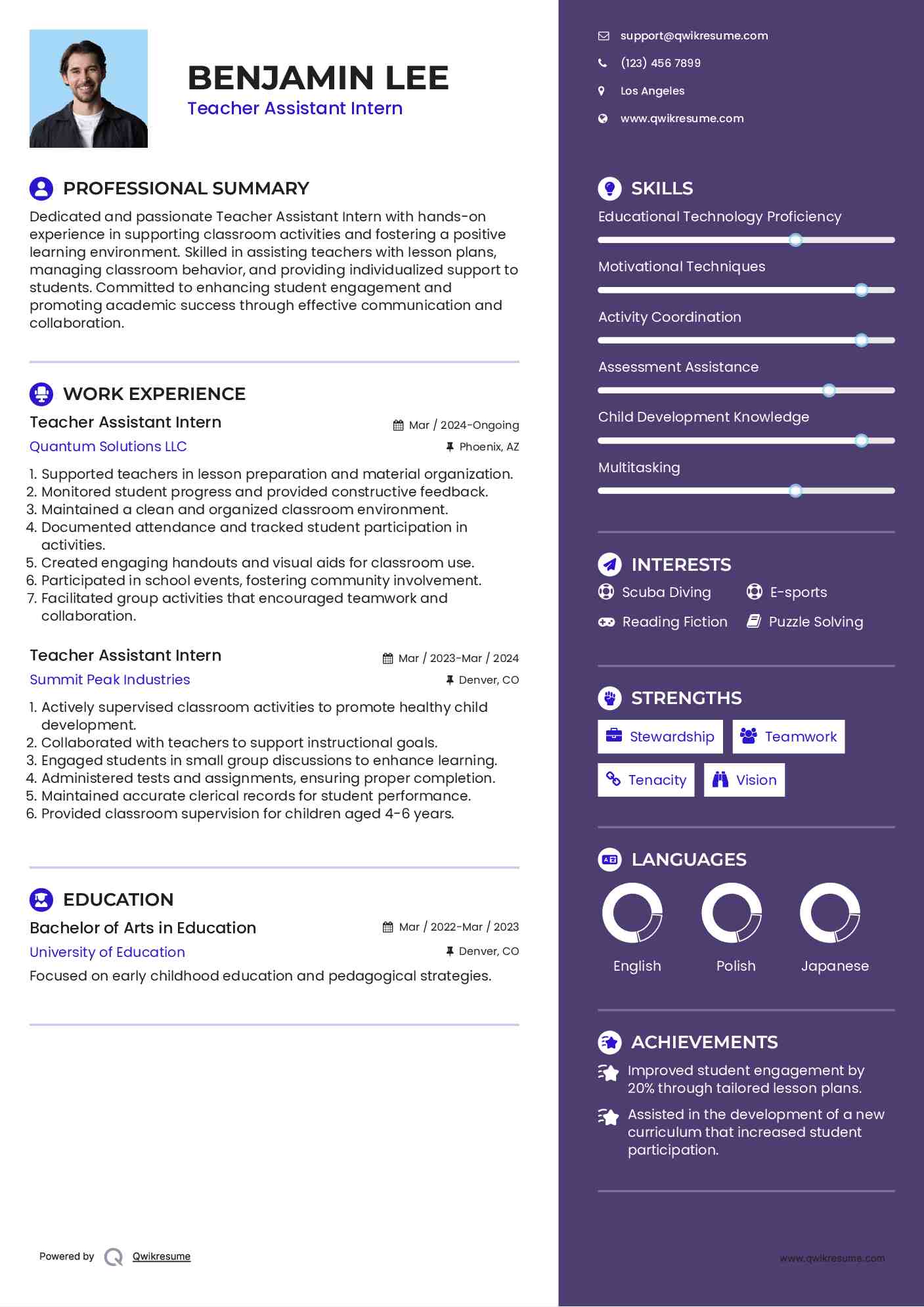 Teacher Assistant Intern Resume Model