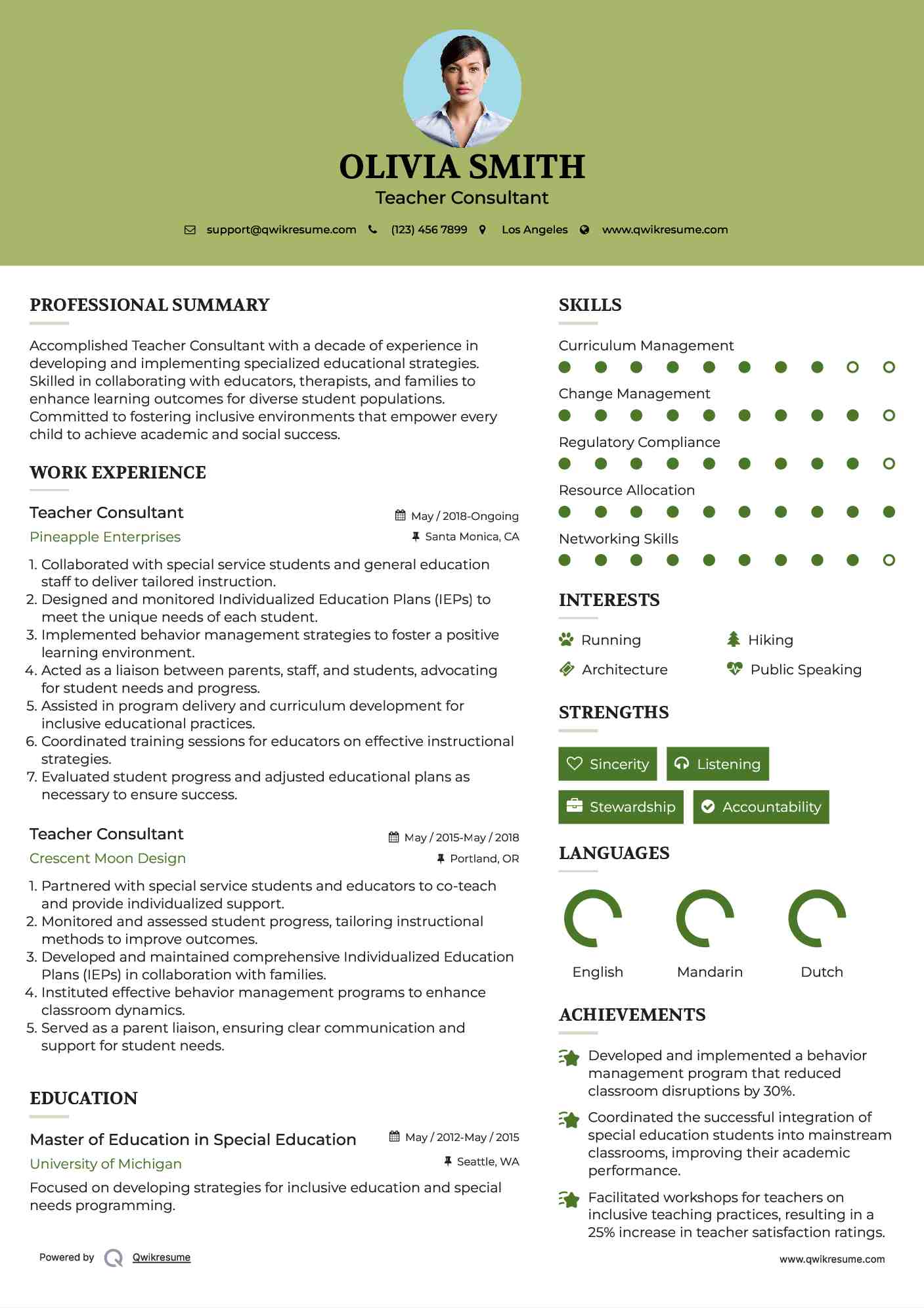 Teacher Consultant Resume Model