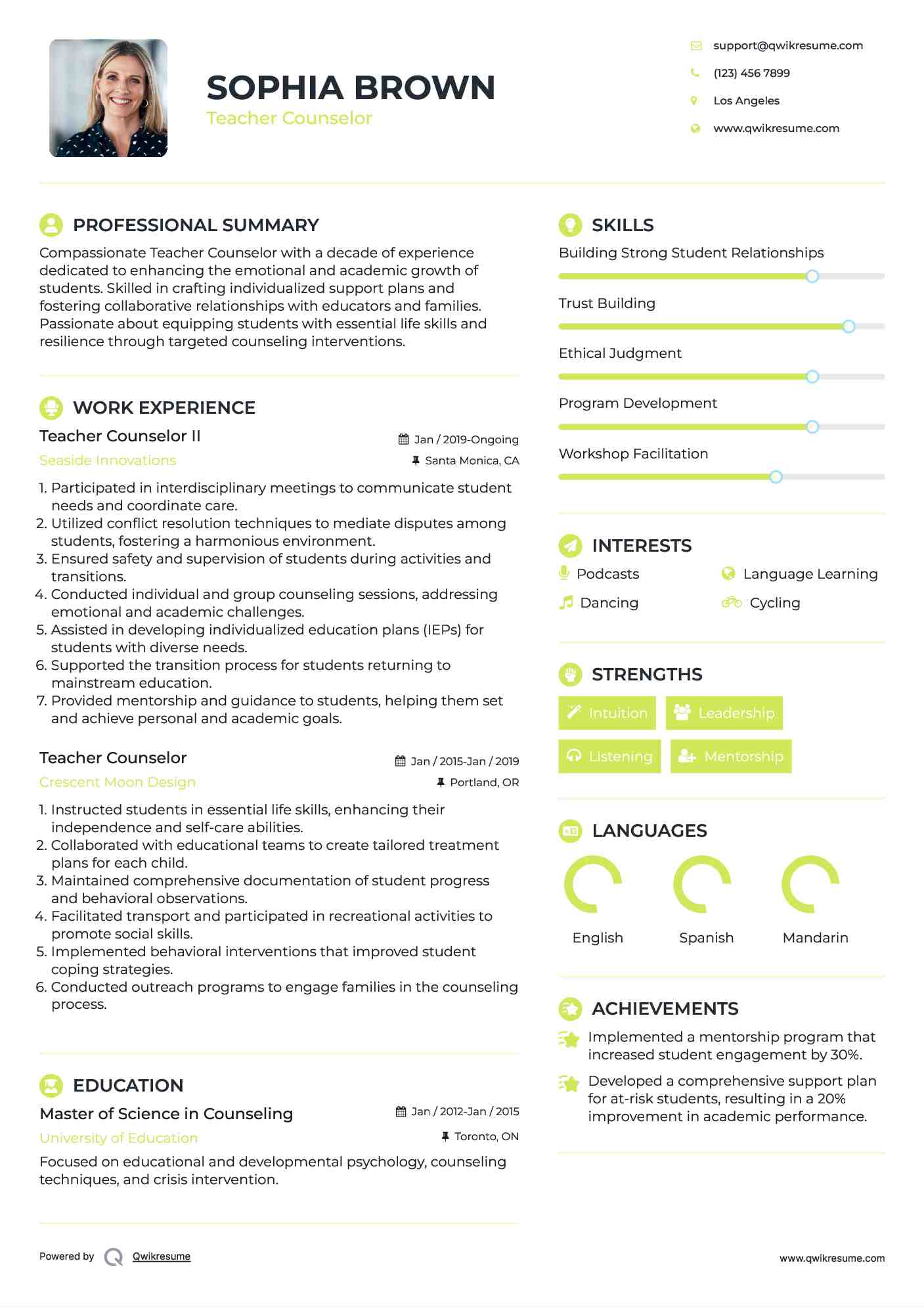 Teacher Counselor II Resume Example