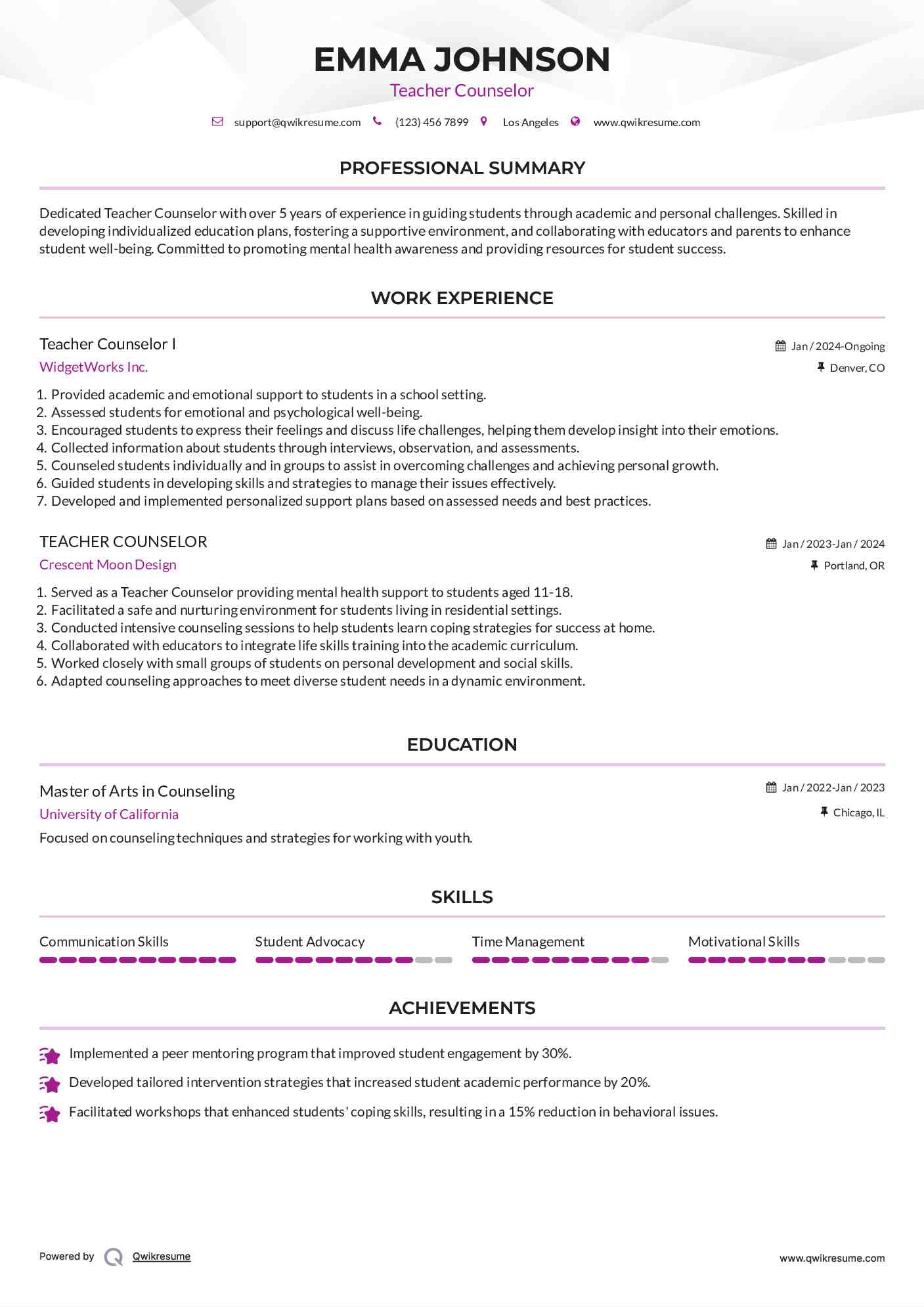 Teacher Counselor I Resume Sample