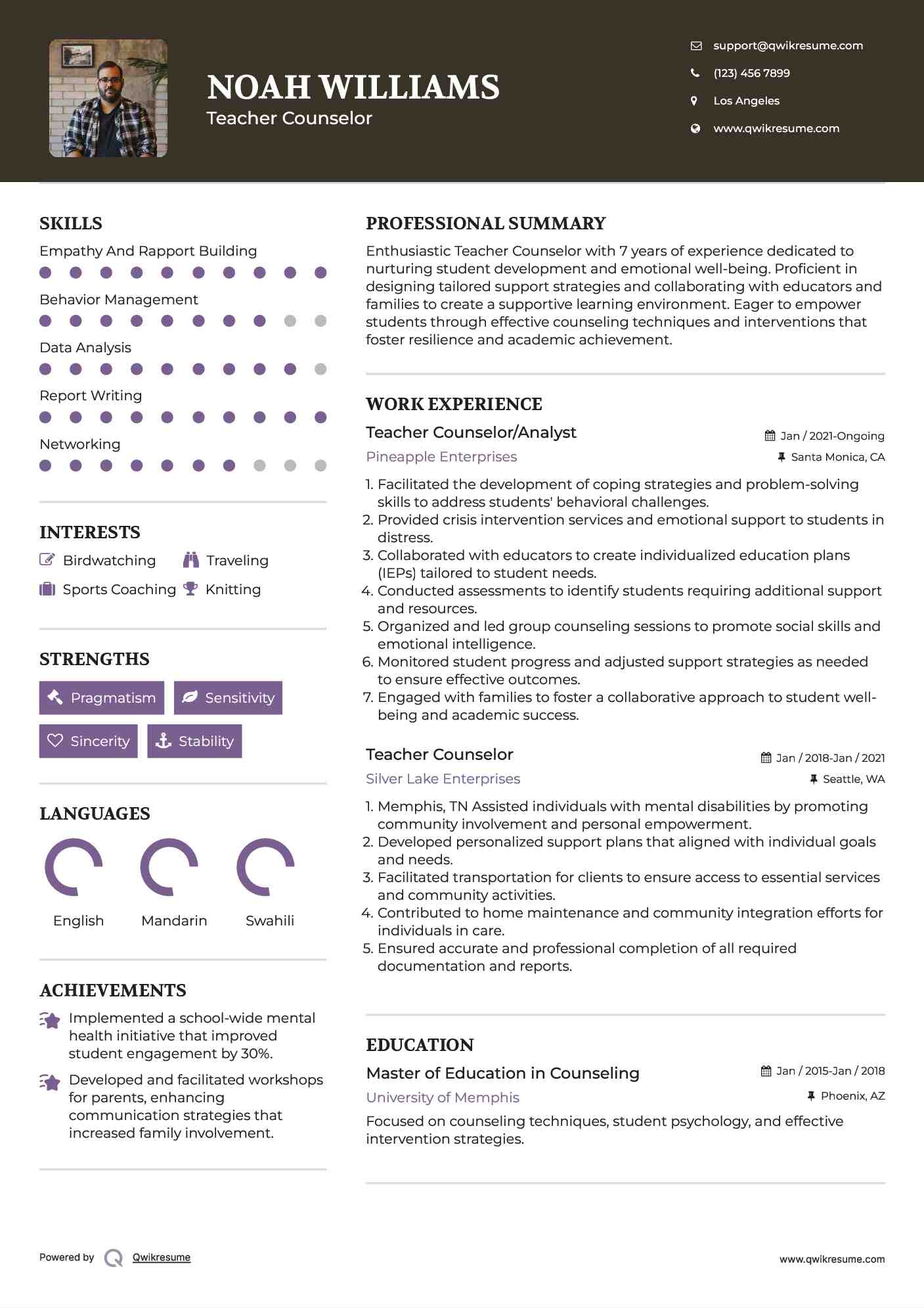 Teacher Counselor/Analyst Resume Sample