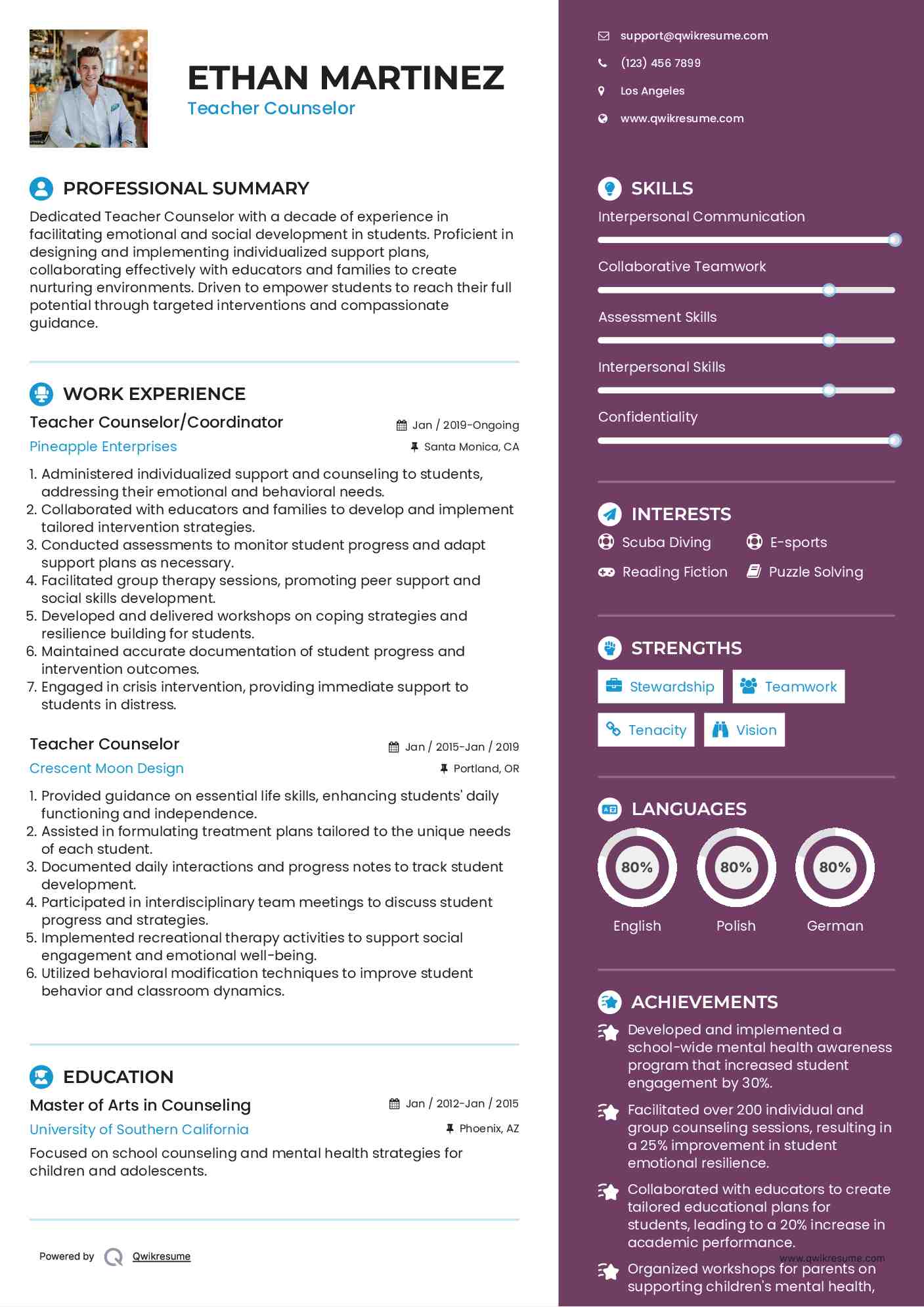 Teacher Counselor/Coordinator Resume Sample