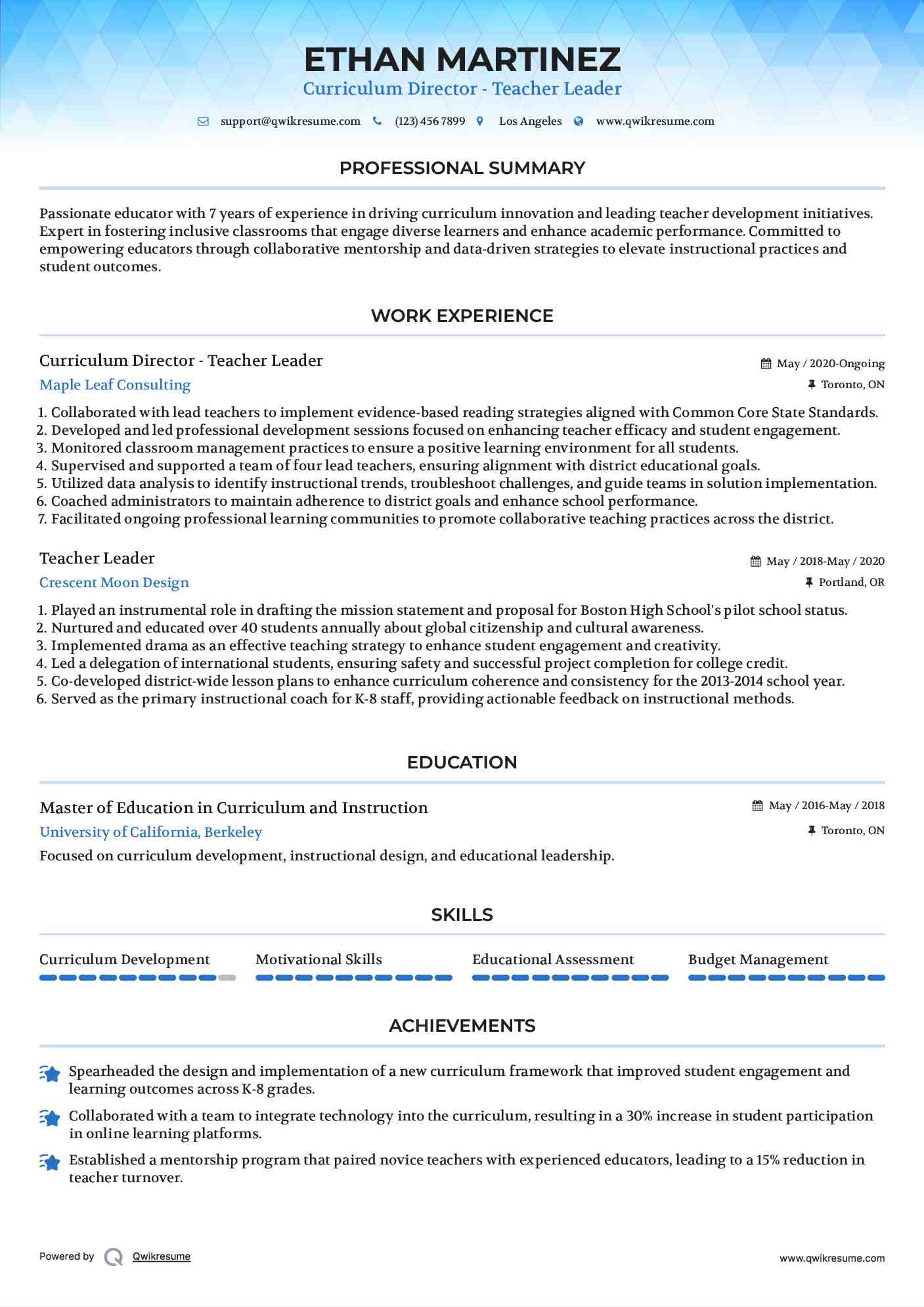 Curriculum Director - Teacher Leader Resume Sample