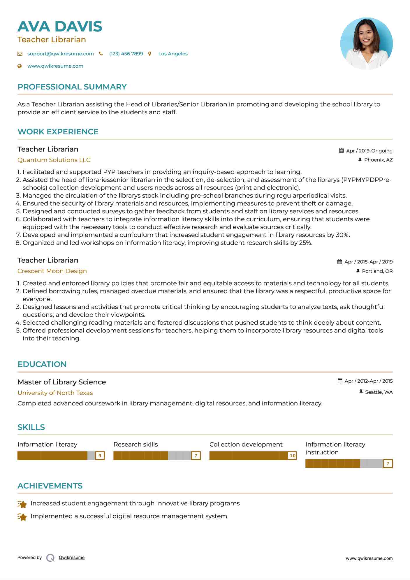 Teacher Librarian Resume Example