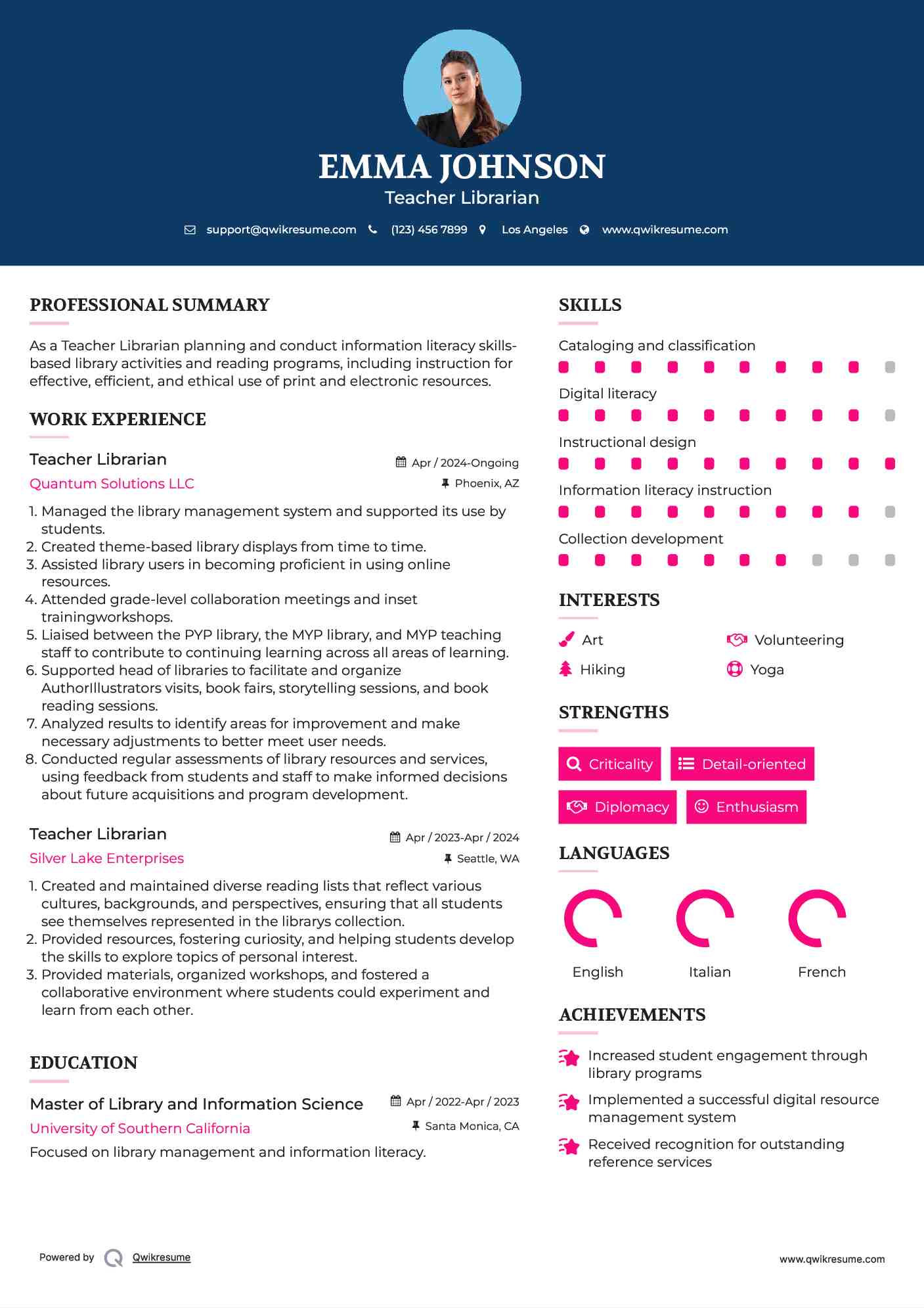 Teacher Librarian Resume Sample