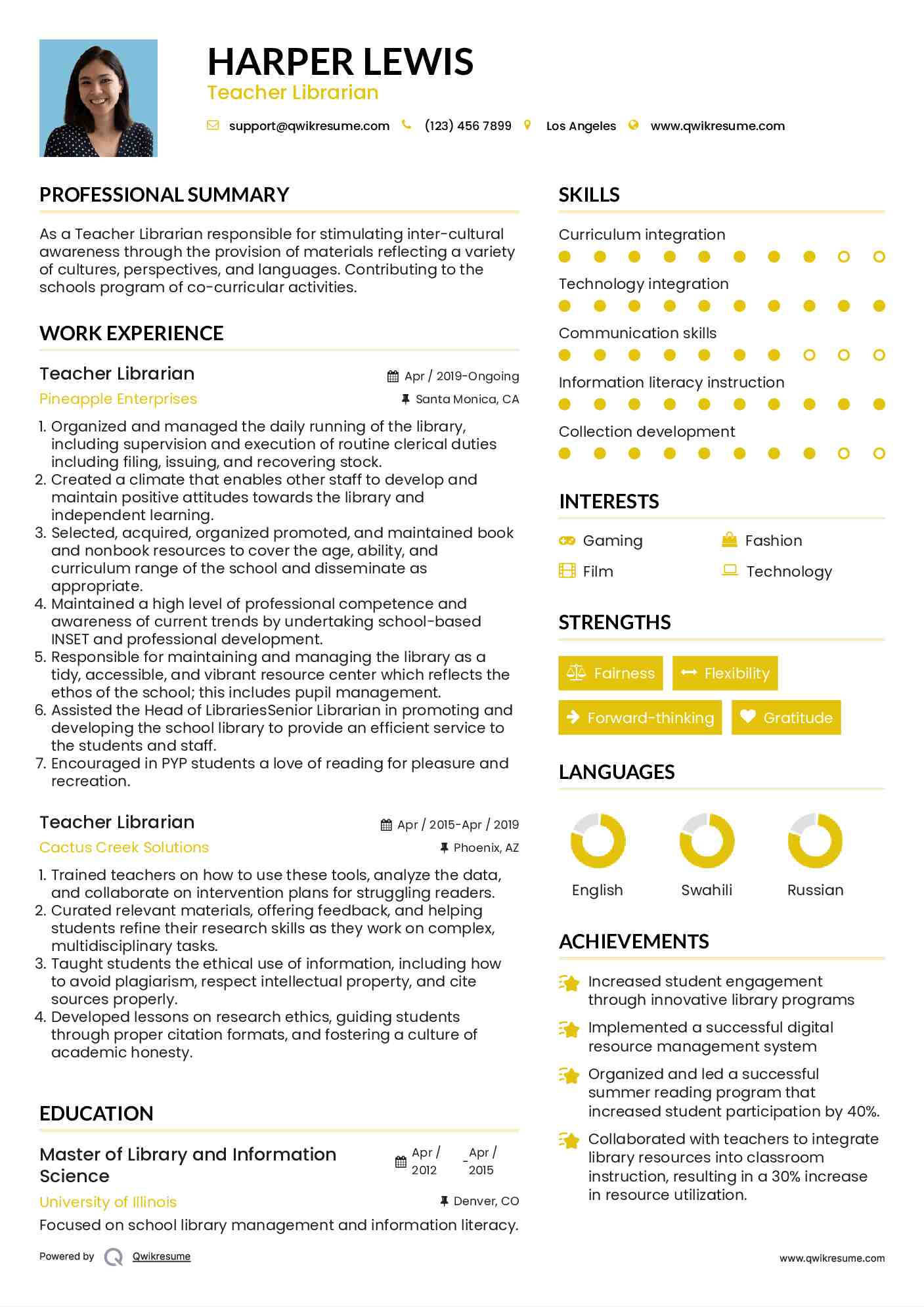 Teacher Librarian Resume Sample