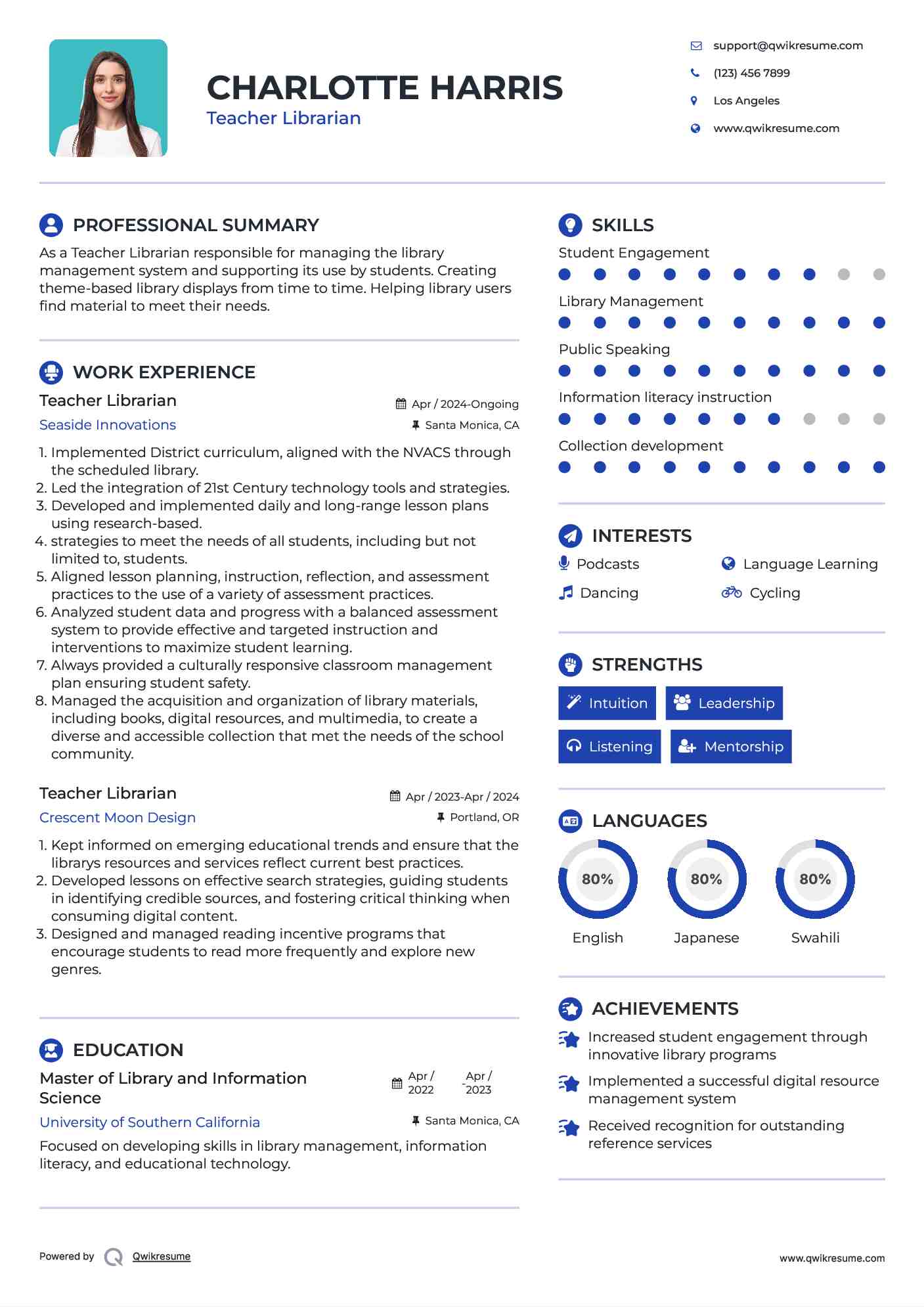 Teacher Librarian Resume Sample