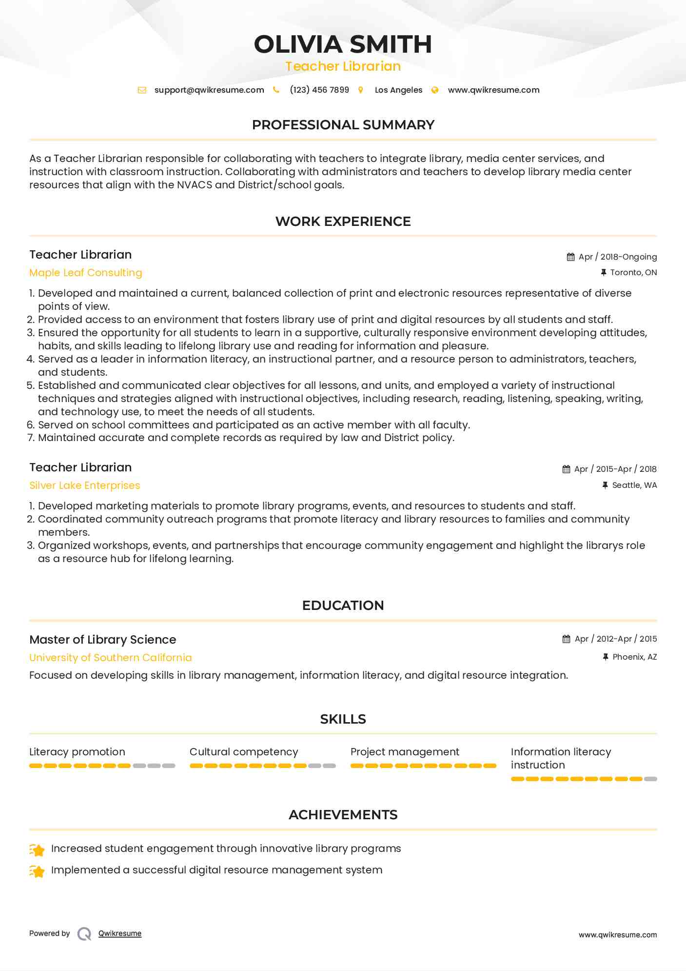Teacher Librarian Resume Sample