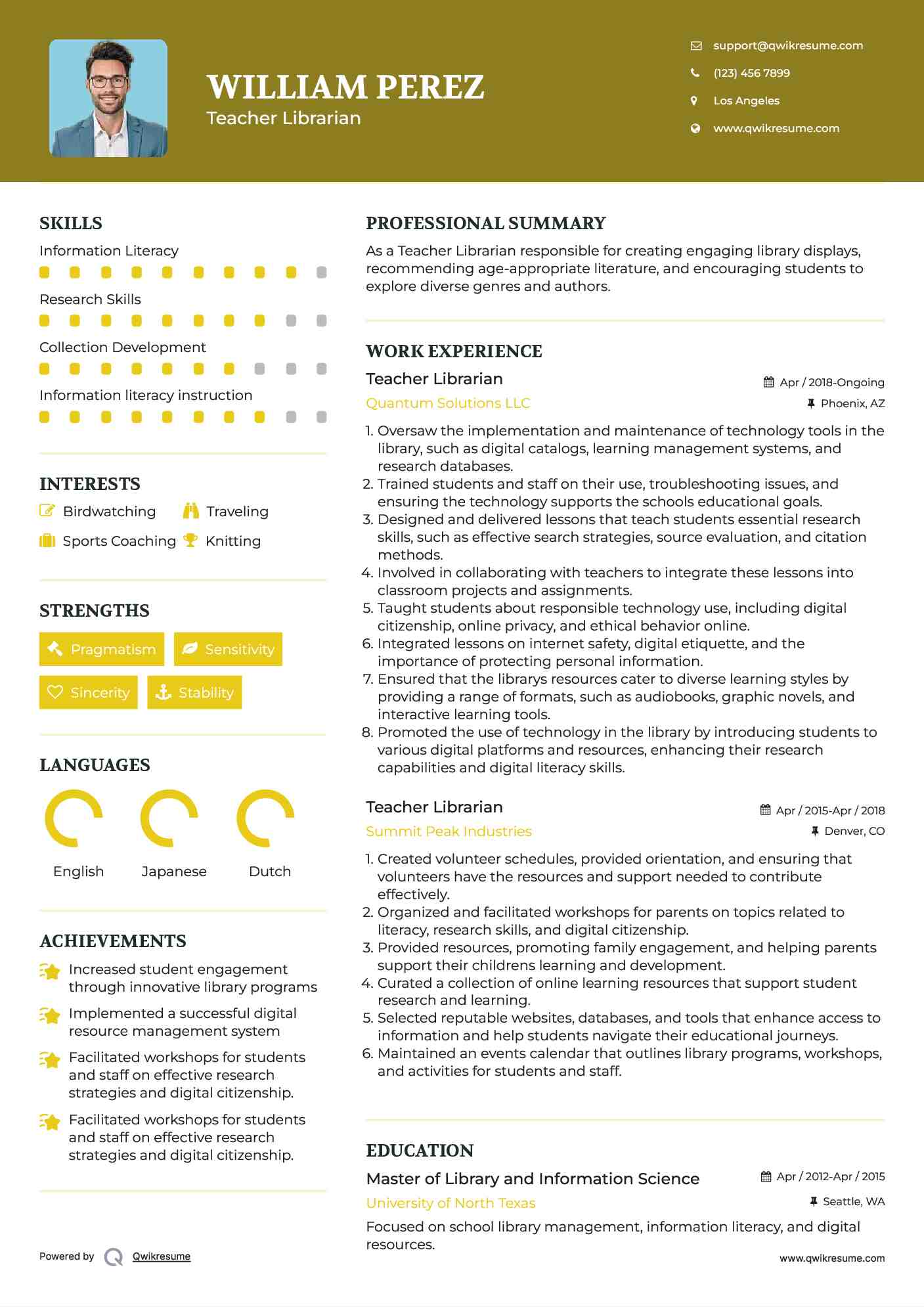 Teacher Librarian Resume Model