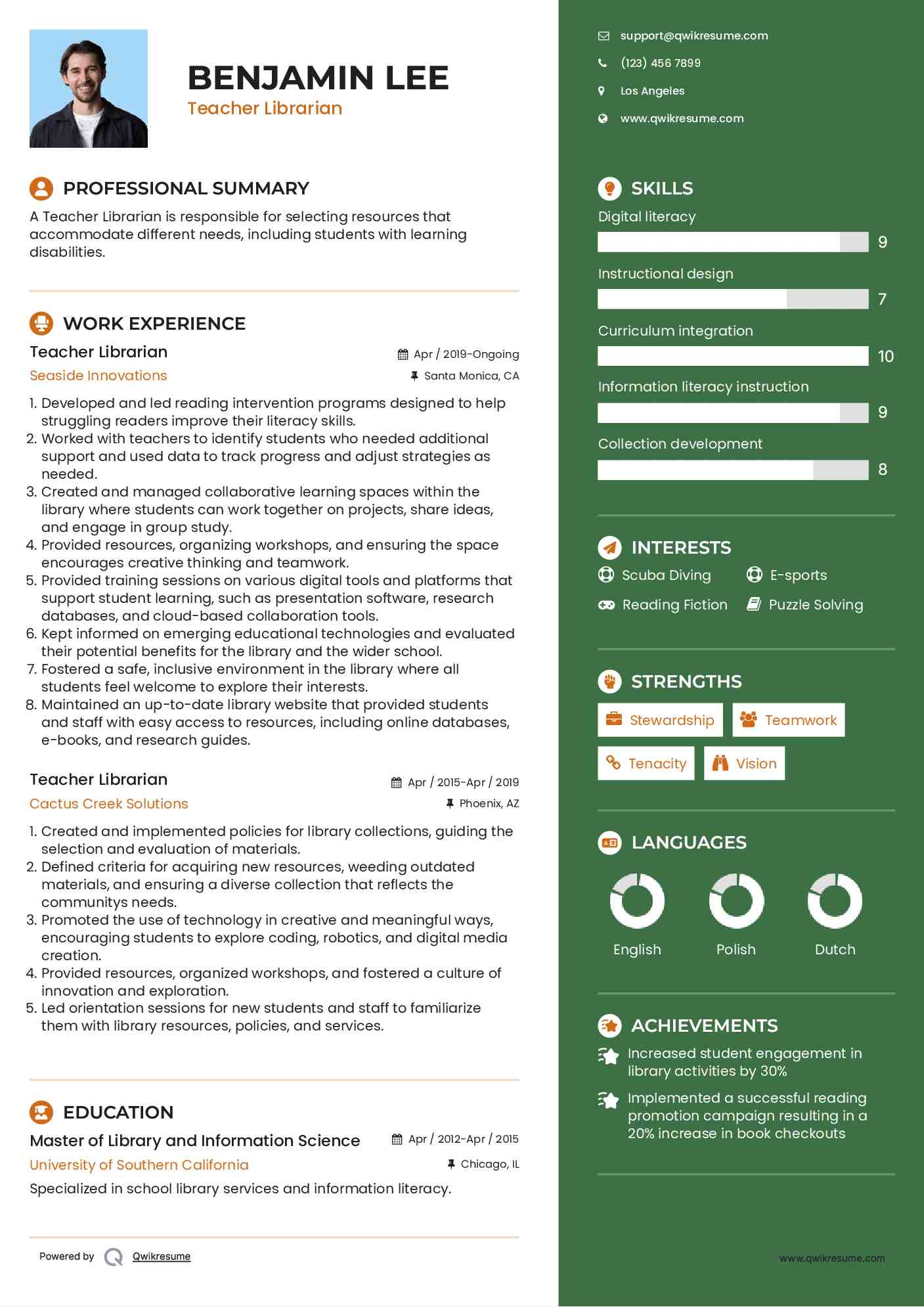 Teacher Librarian Resume Example