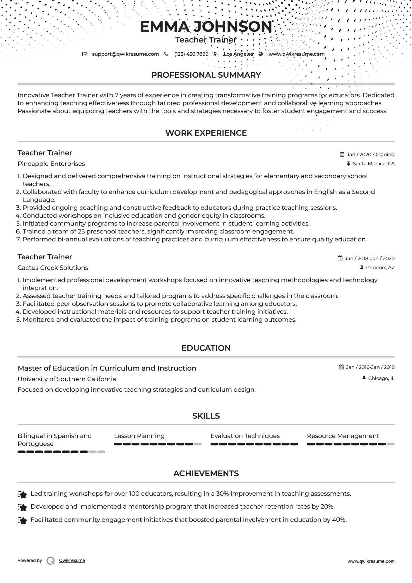 Teacher Trainer Resume Sample