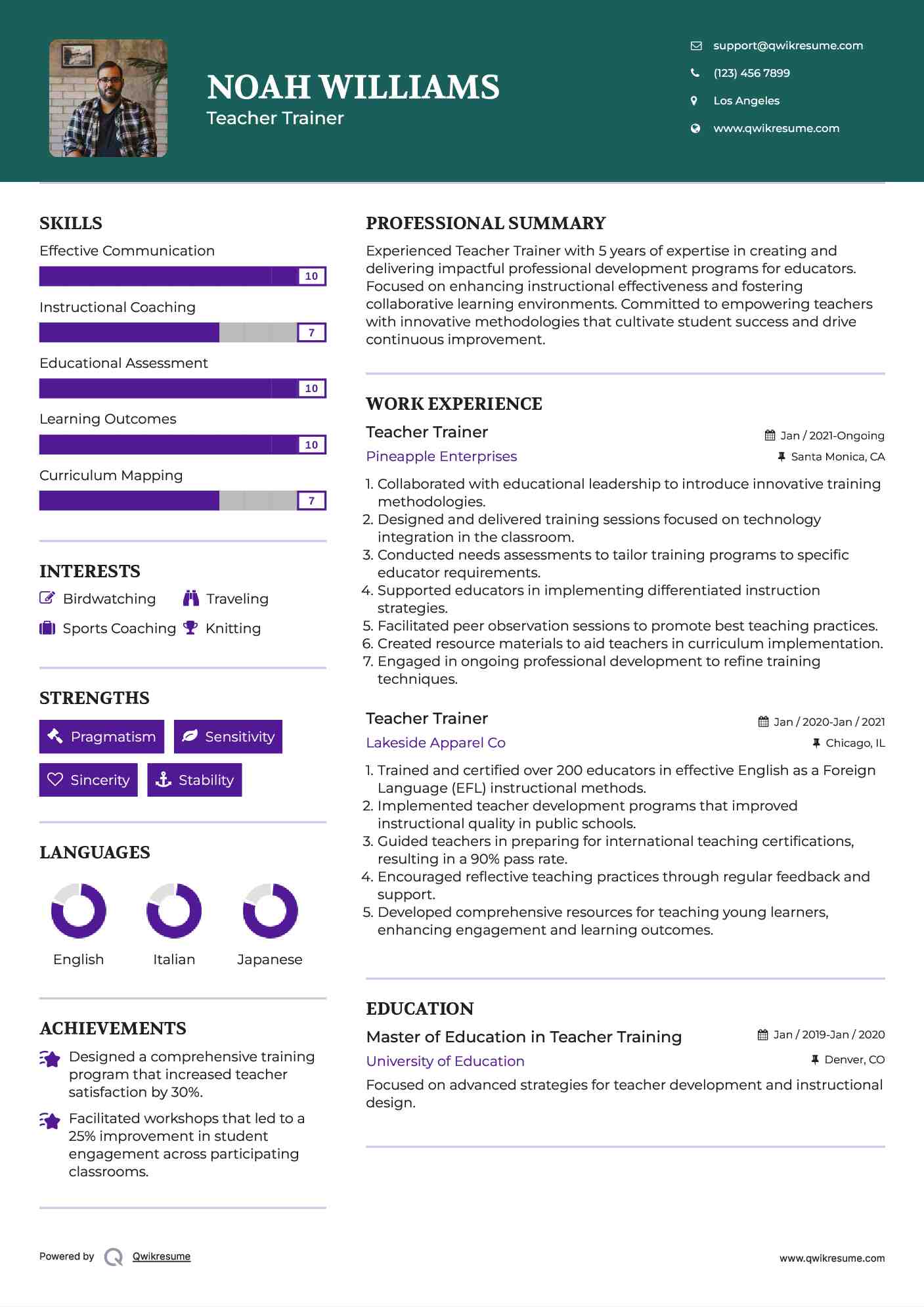Teacher Trainer Resume Format