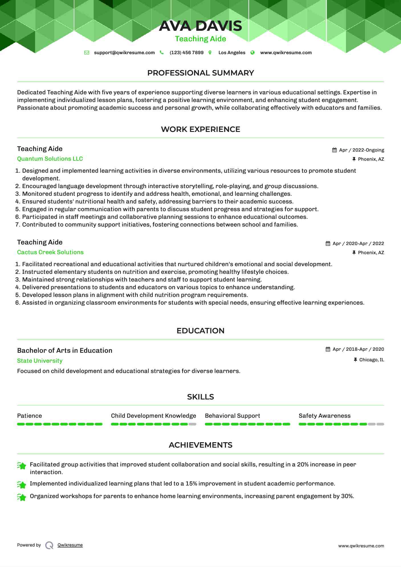 Teaching Aide Resume Sample