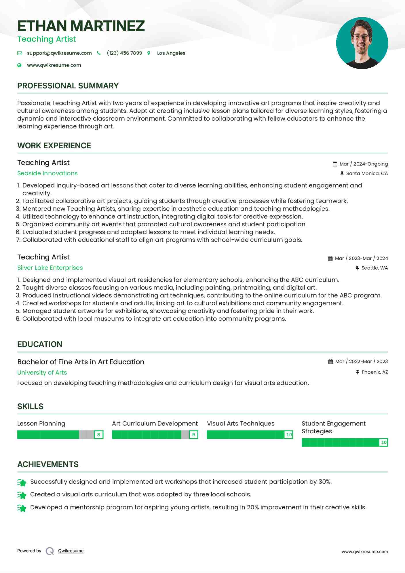 Teaching Artist Resume Model