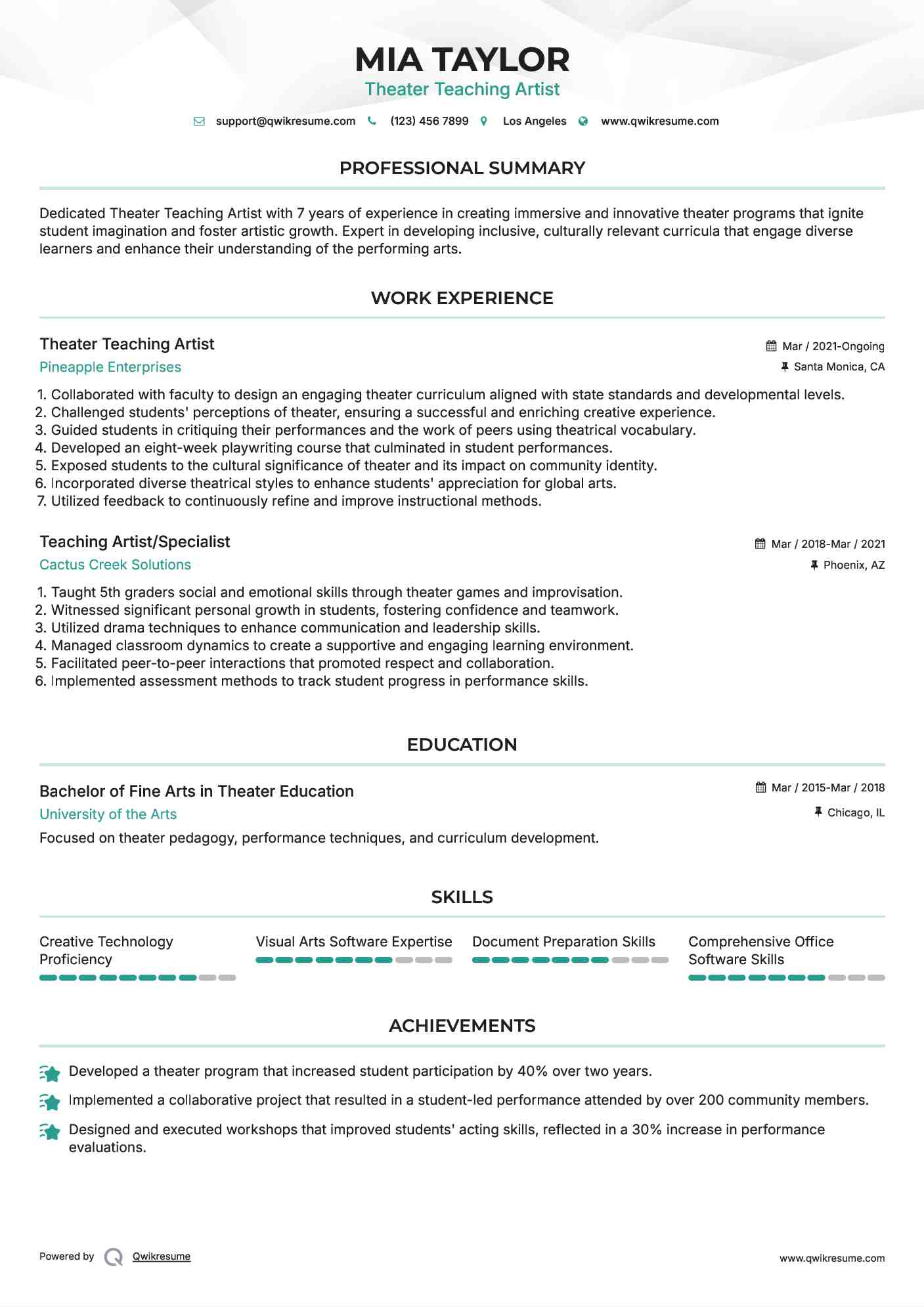 Theater Teaching Artist
 Resume Example