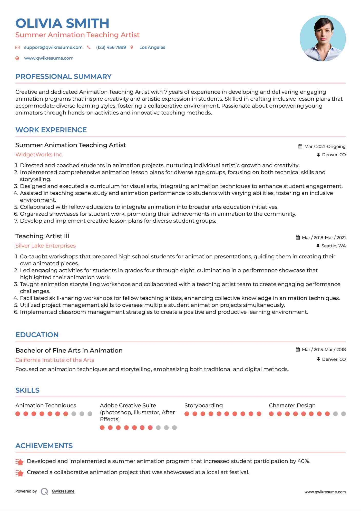 Summer Animation Teaching Artist Resume Sample