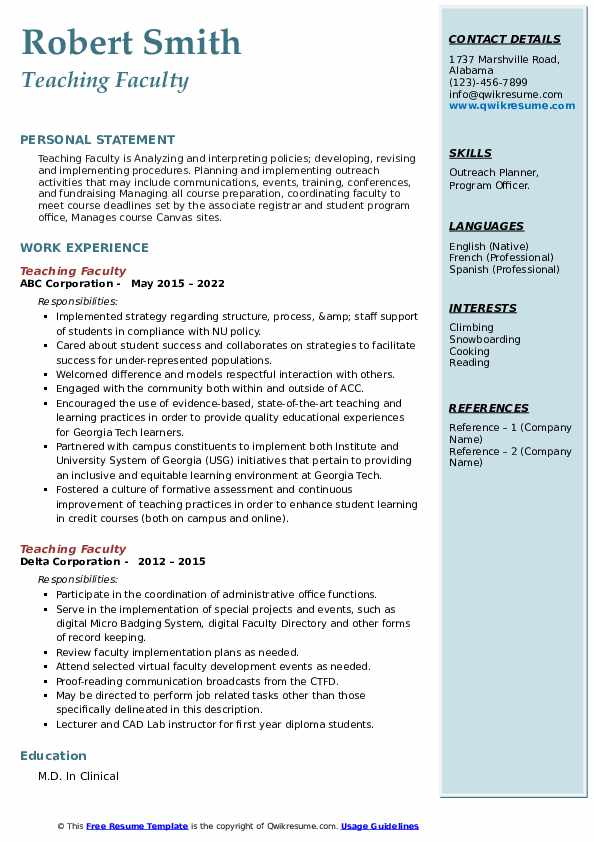 Teaching Faculty Resume Samples - Teaching Faculty 1665402418 Pdf 