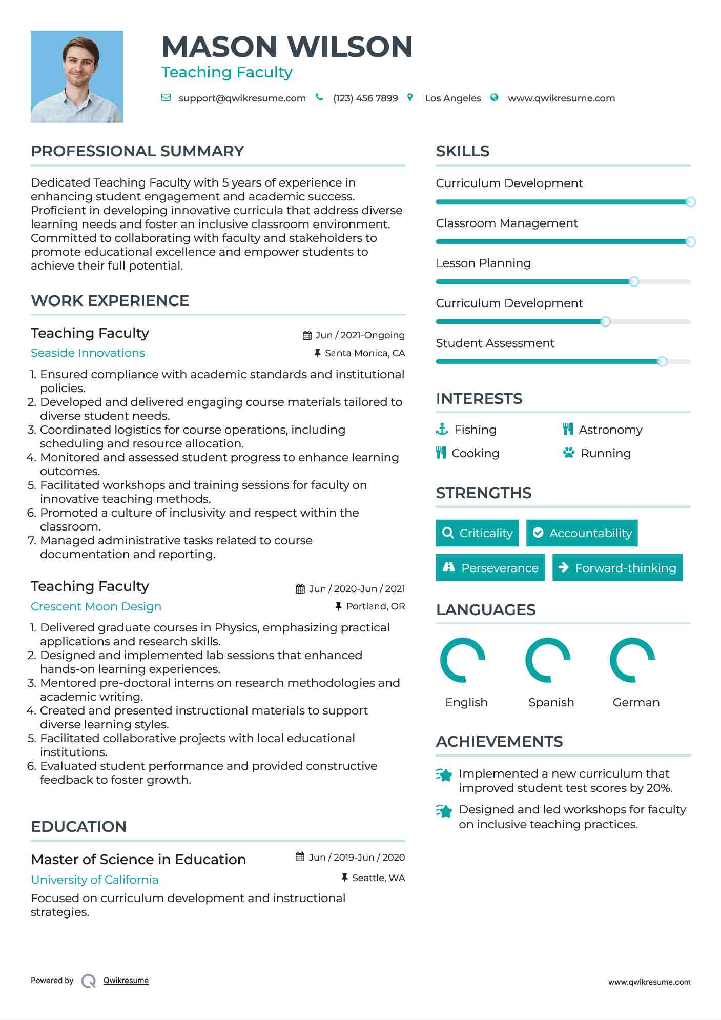 Teaching Faculty Resume Example
