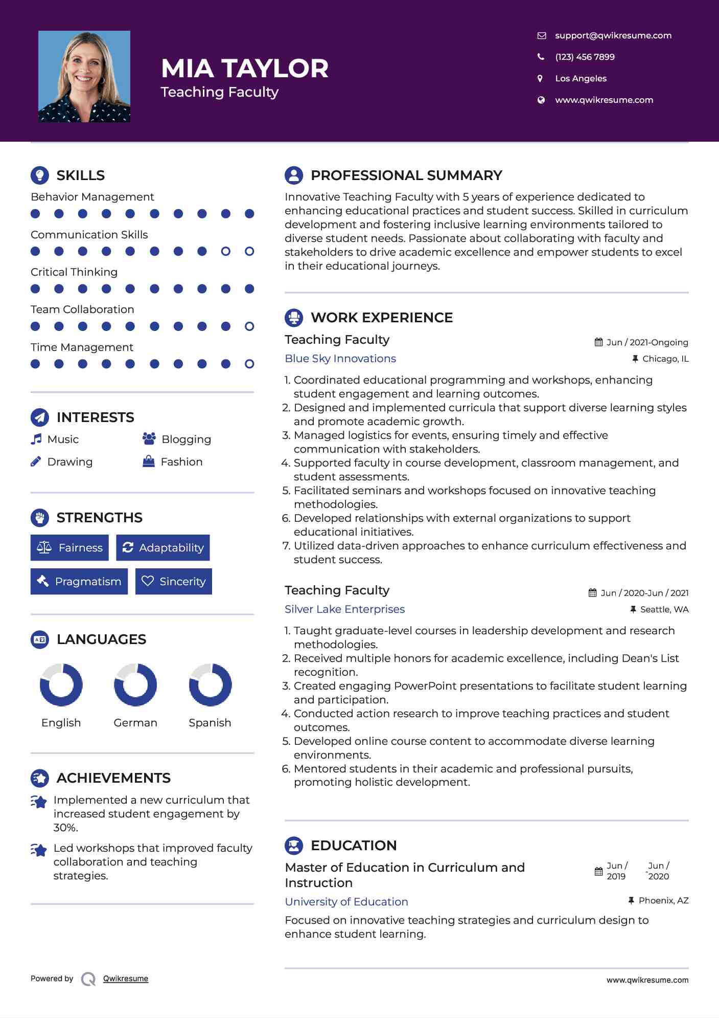 Teaching Faculty Resume Model