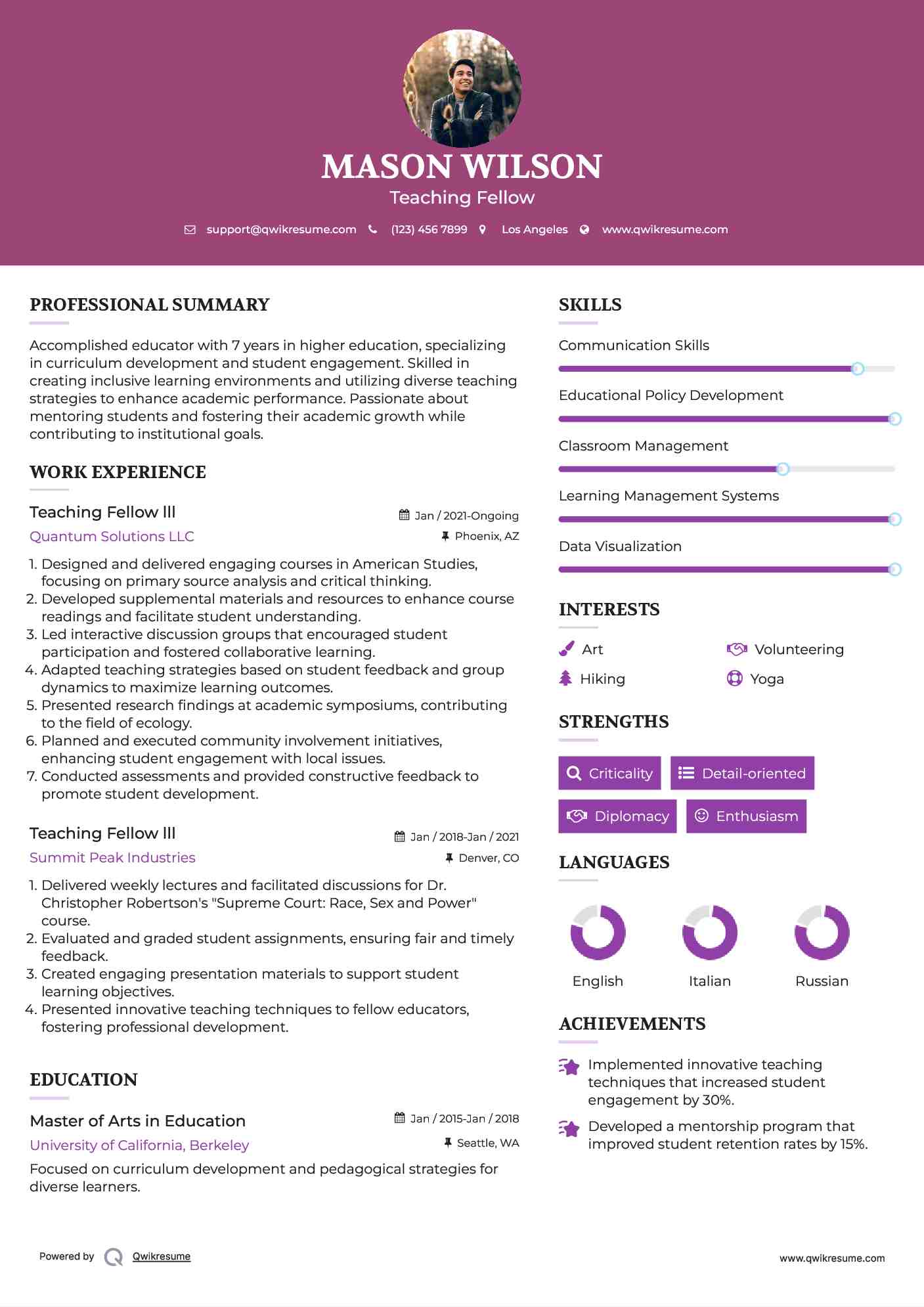 Teaching Fellow lll Resume Sample