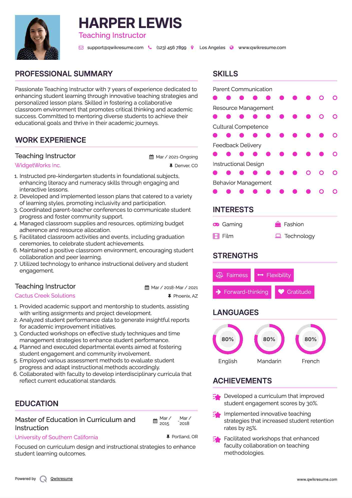Teaching Instructor Resume Example