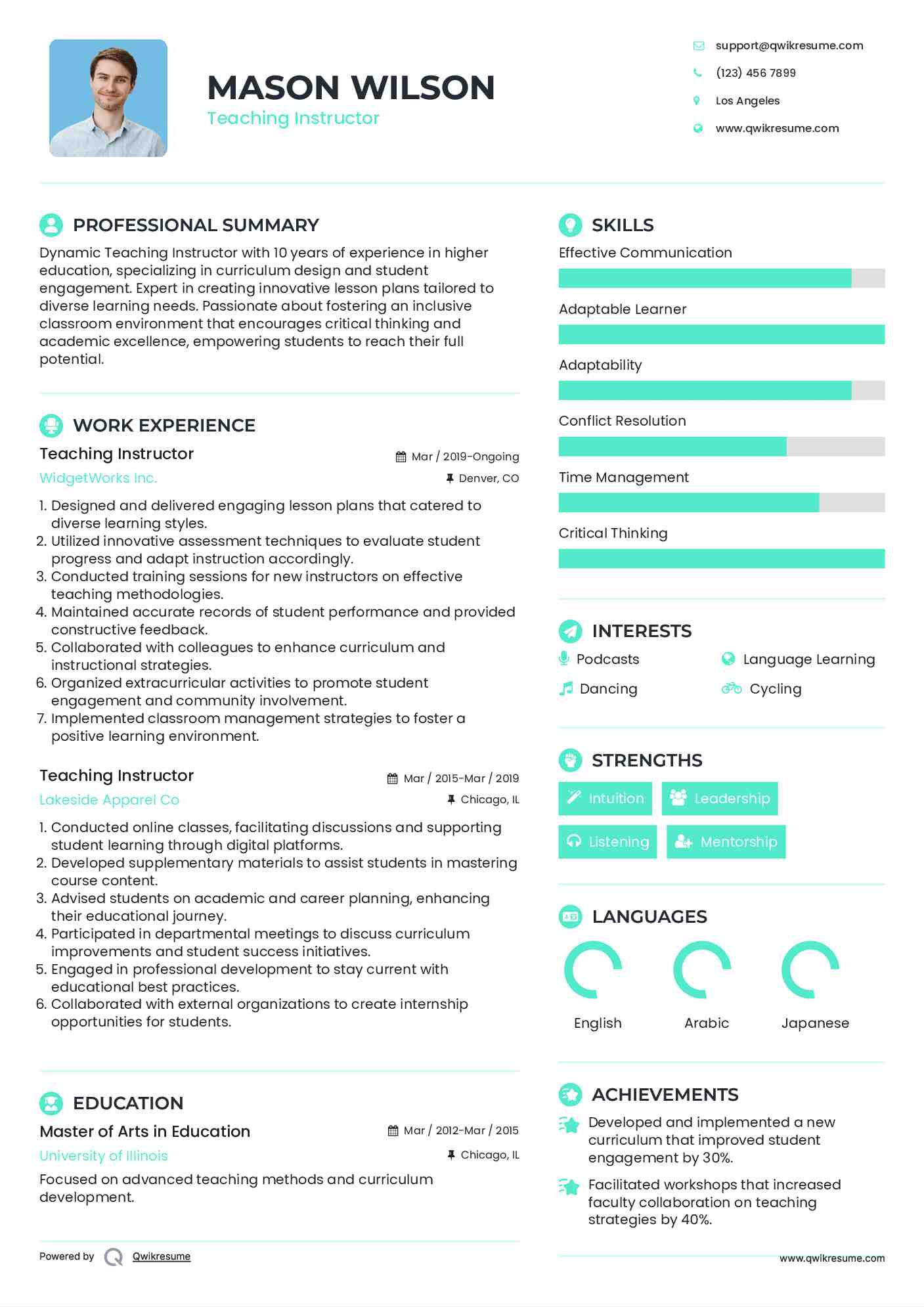 Teaching Instructor Resume Template