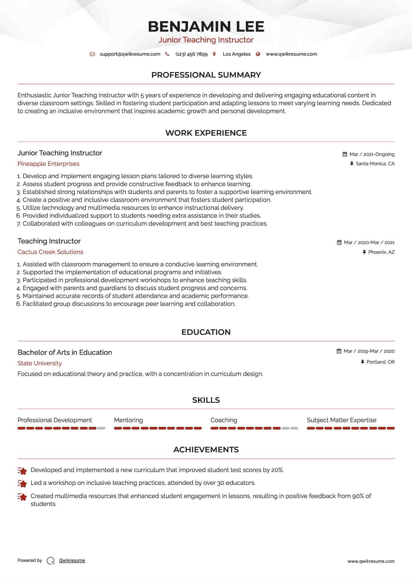 Junior Teaching Instructor Resume Model
