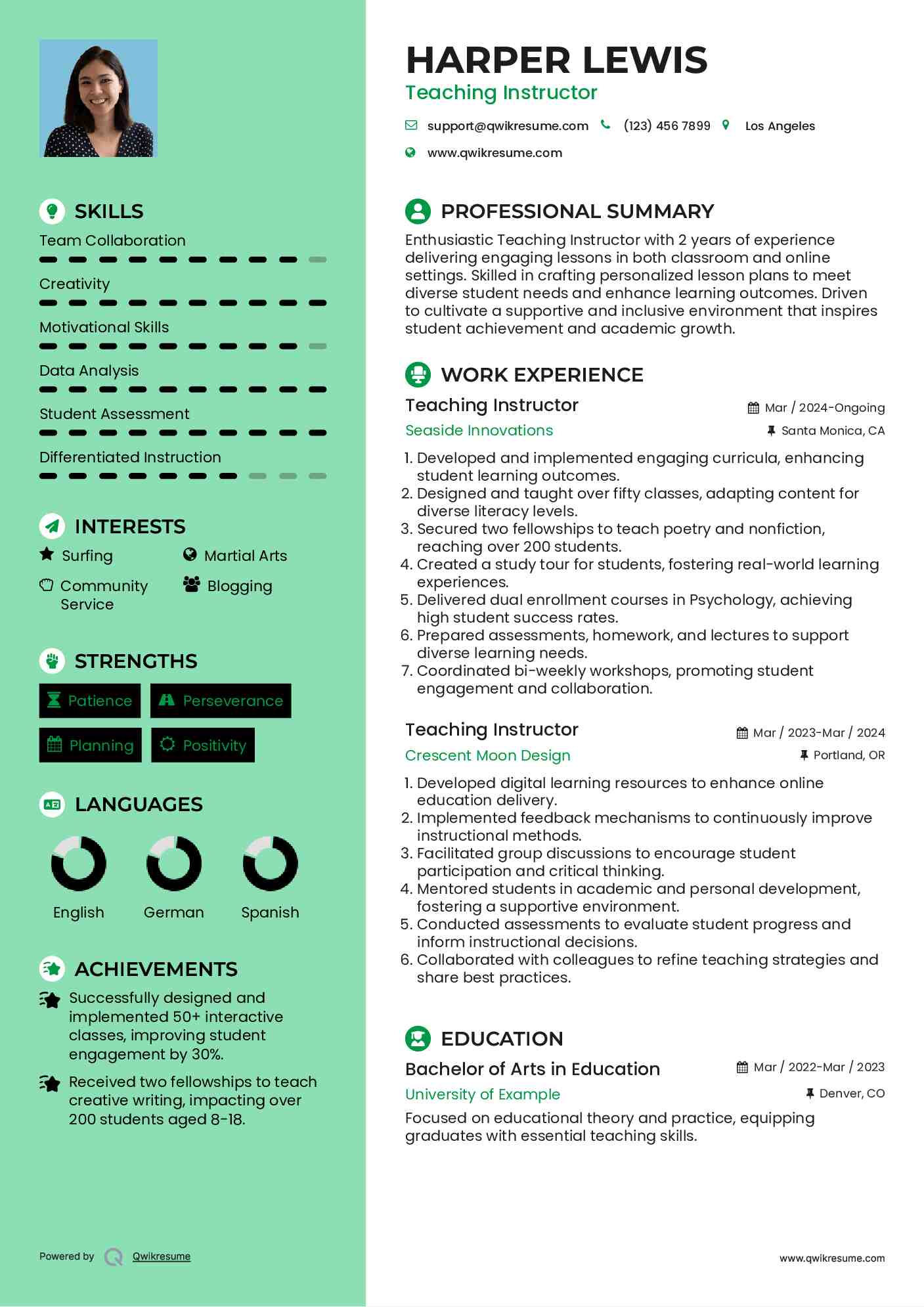 Teaching Instructor Resume Format