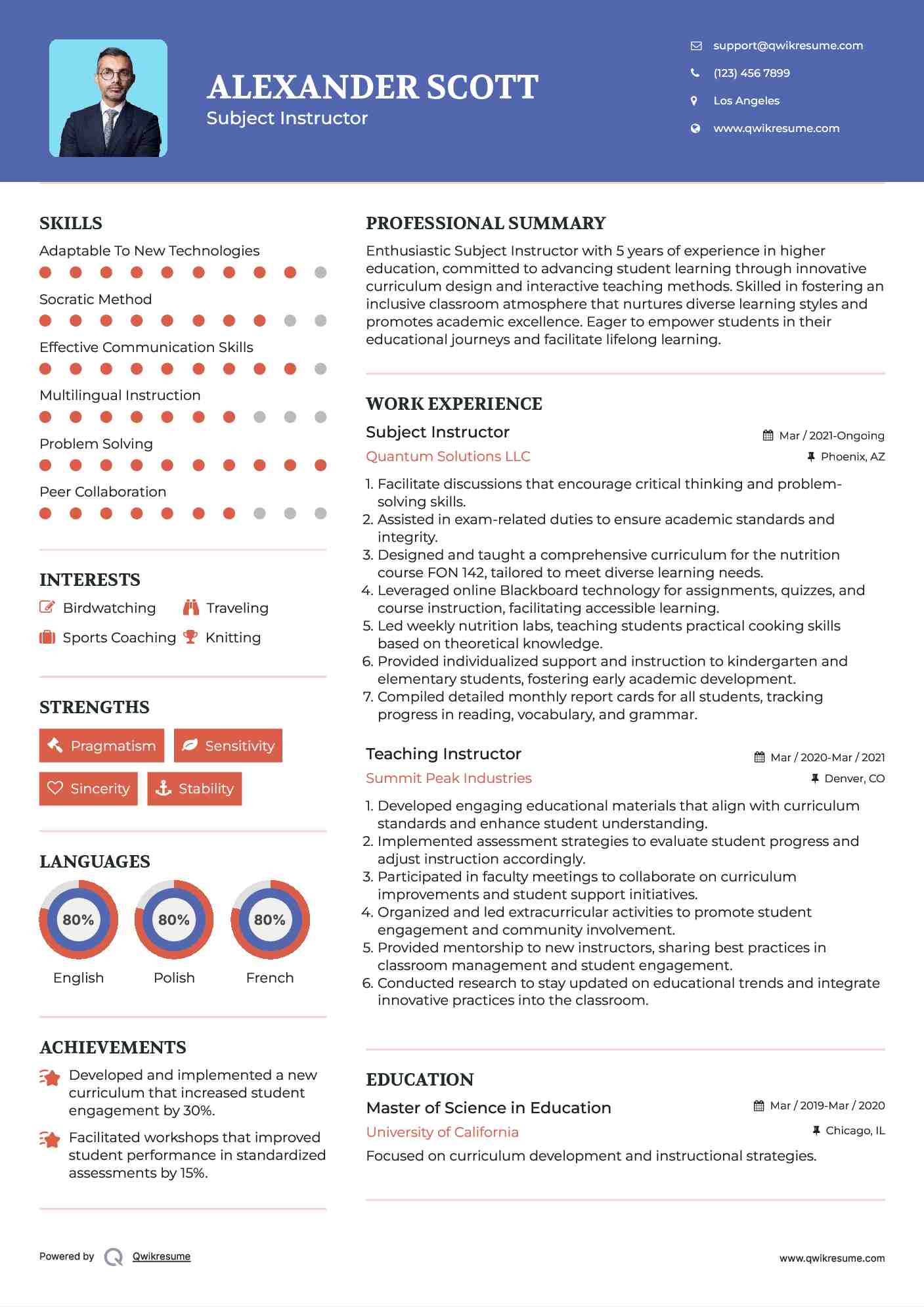 Subject Instructor Resume Template
