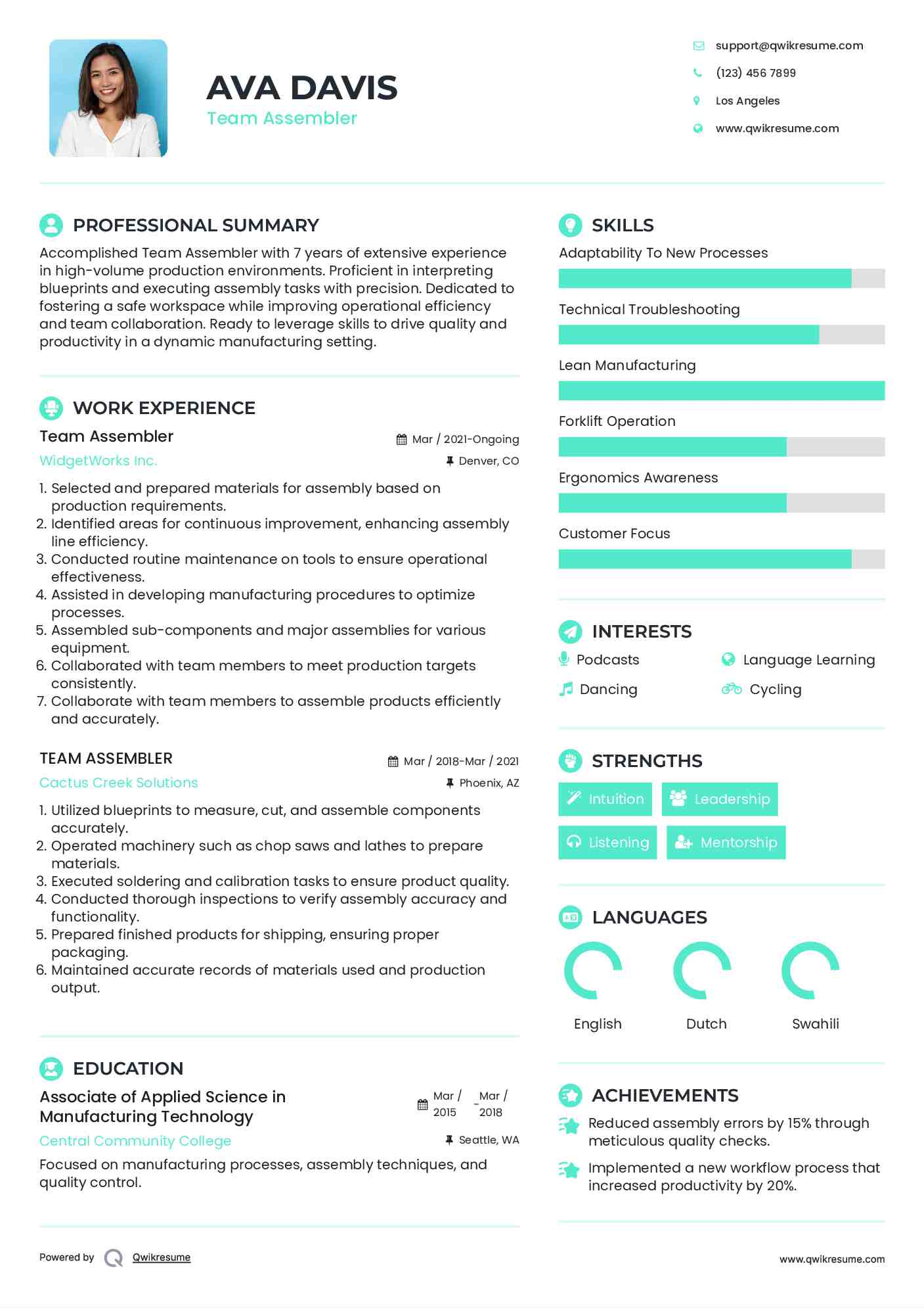 Team Assembler Resume Template