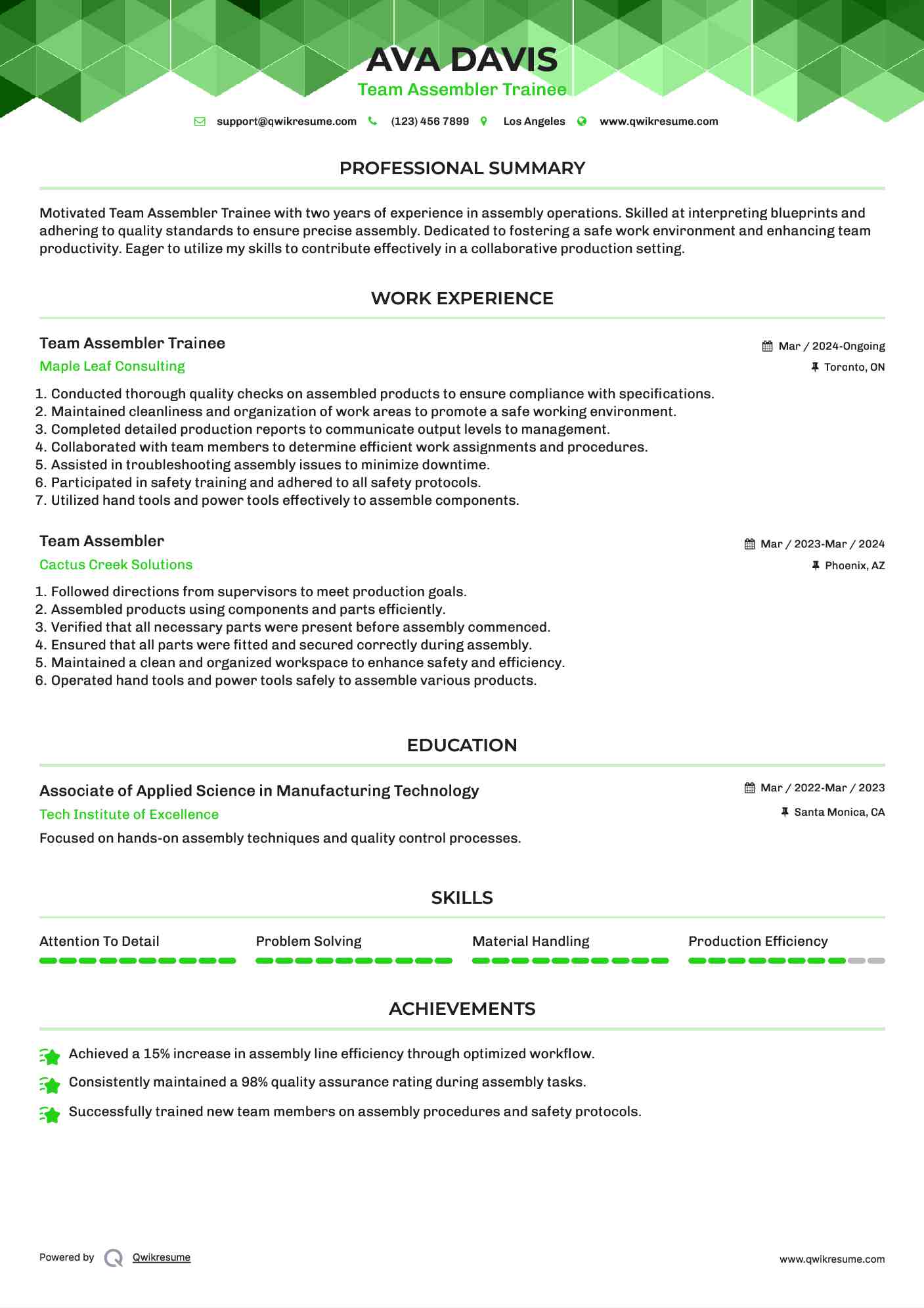 Team Assembler Trainee Resume Model