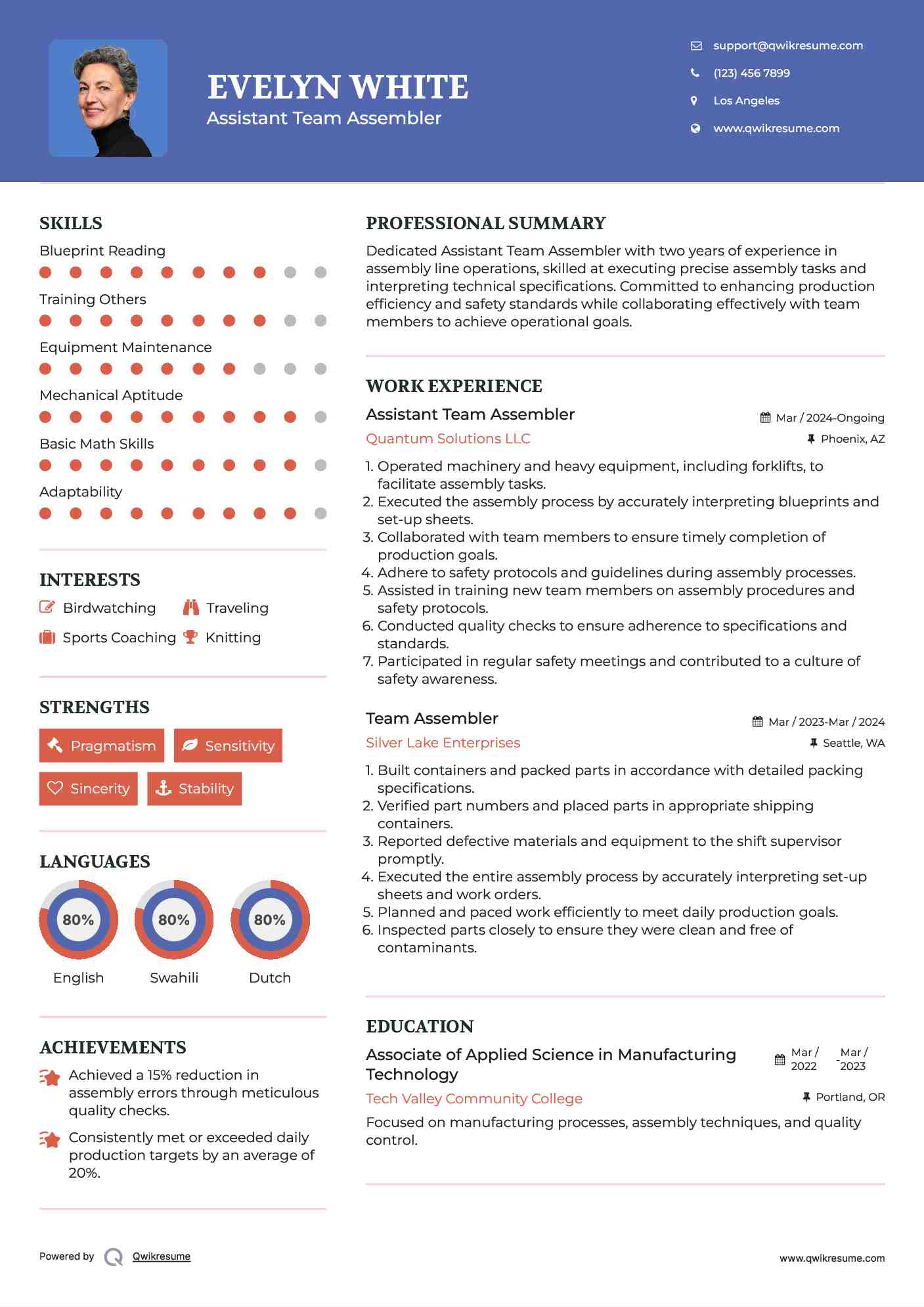 Assistant Team Assembler Resume Example