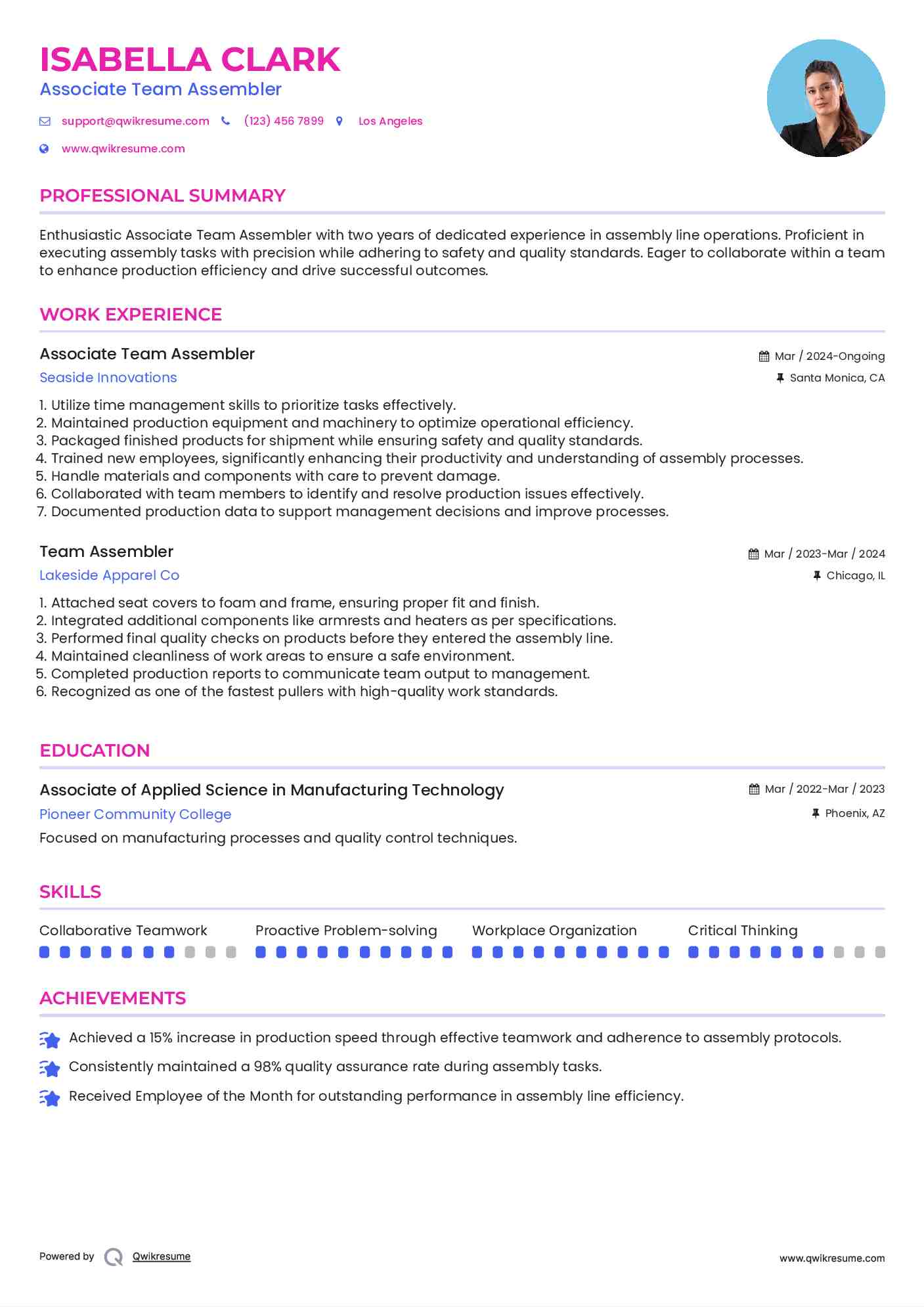 Associate Team Assembler  Resume Format