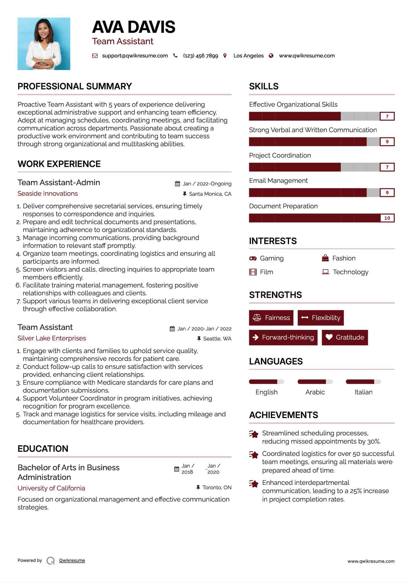 Team Assistant-Admin Resume Model