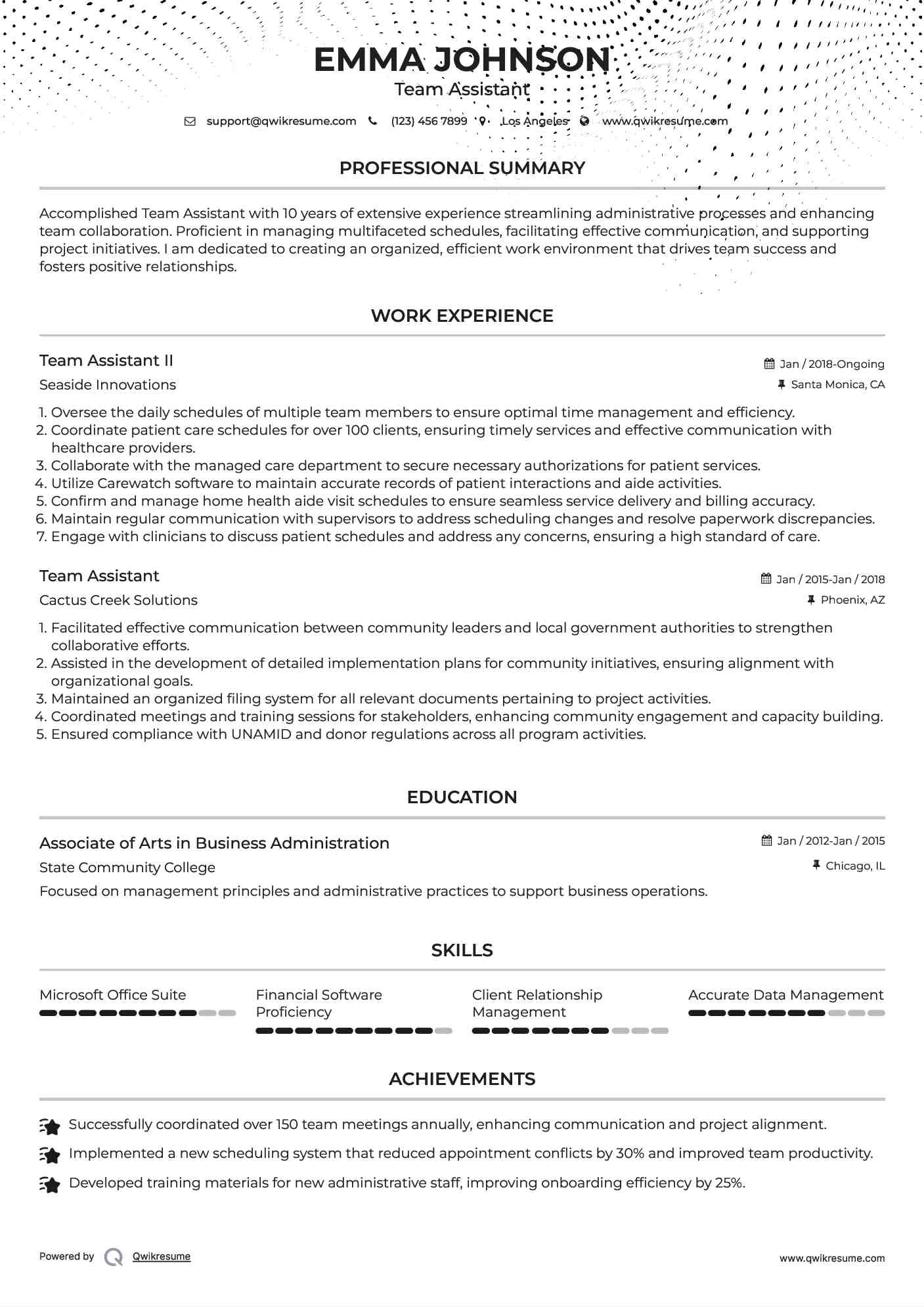 Team Assistant II Resume Template