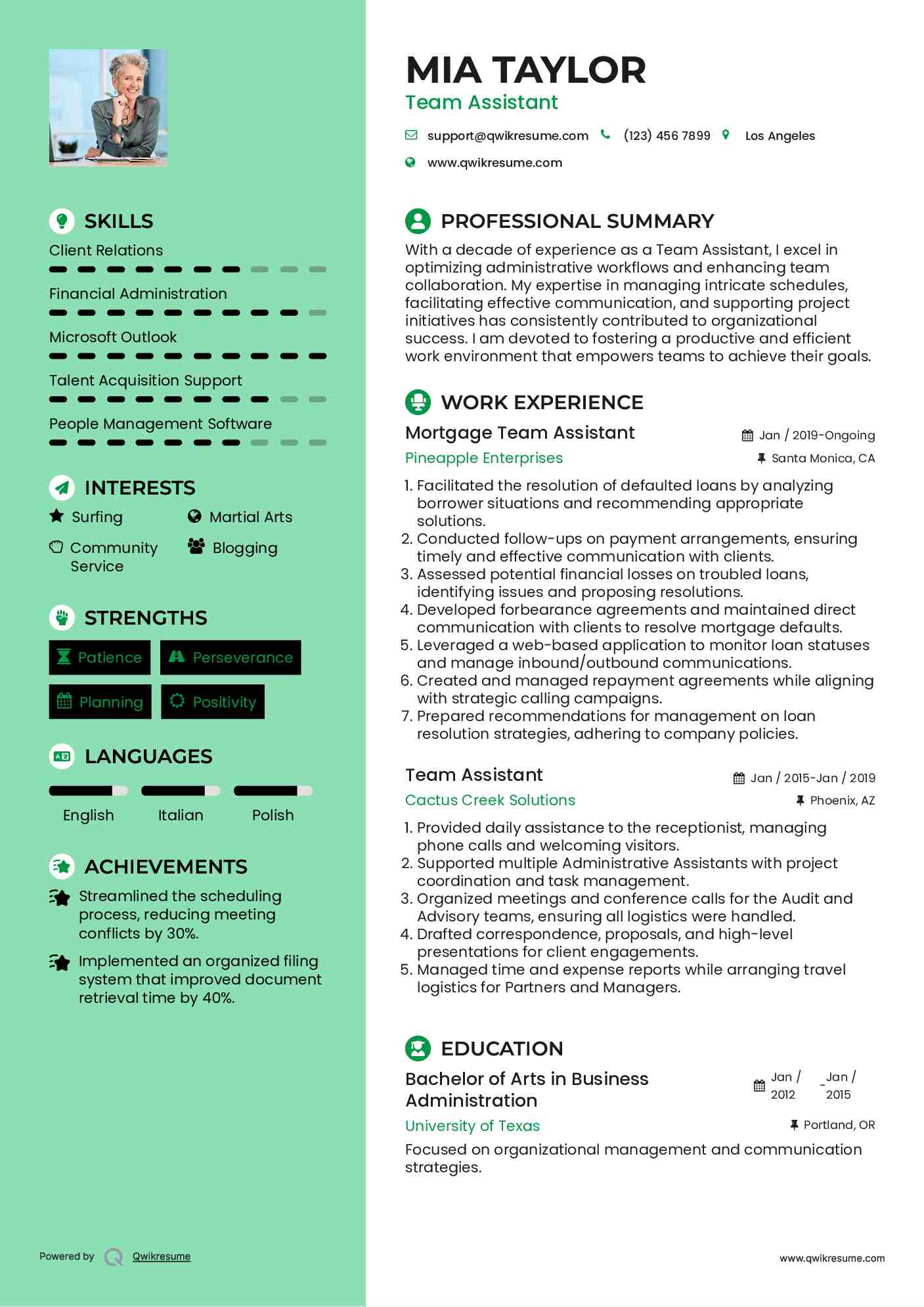 Mortgage Team Assistant Resume Model