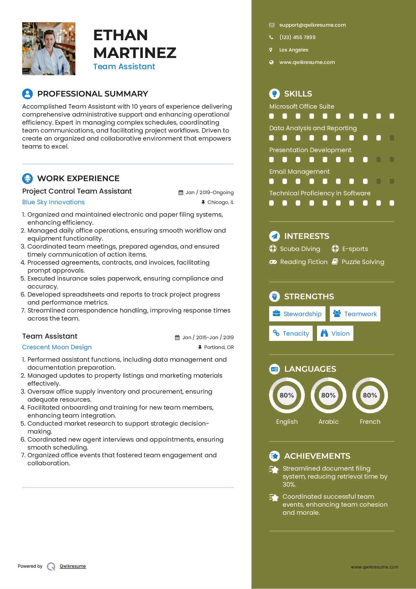 Project Control Team Assistant Resume Sample