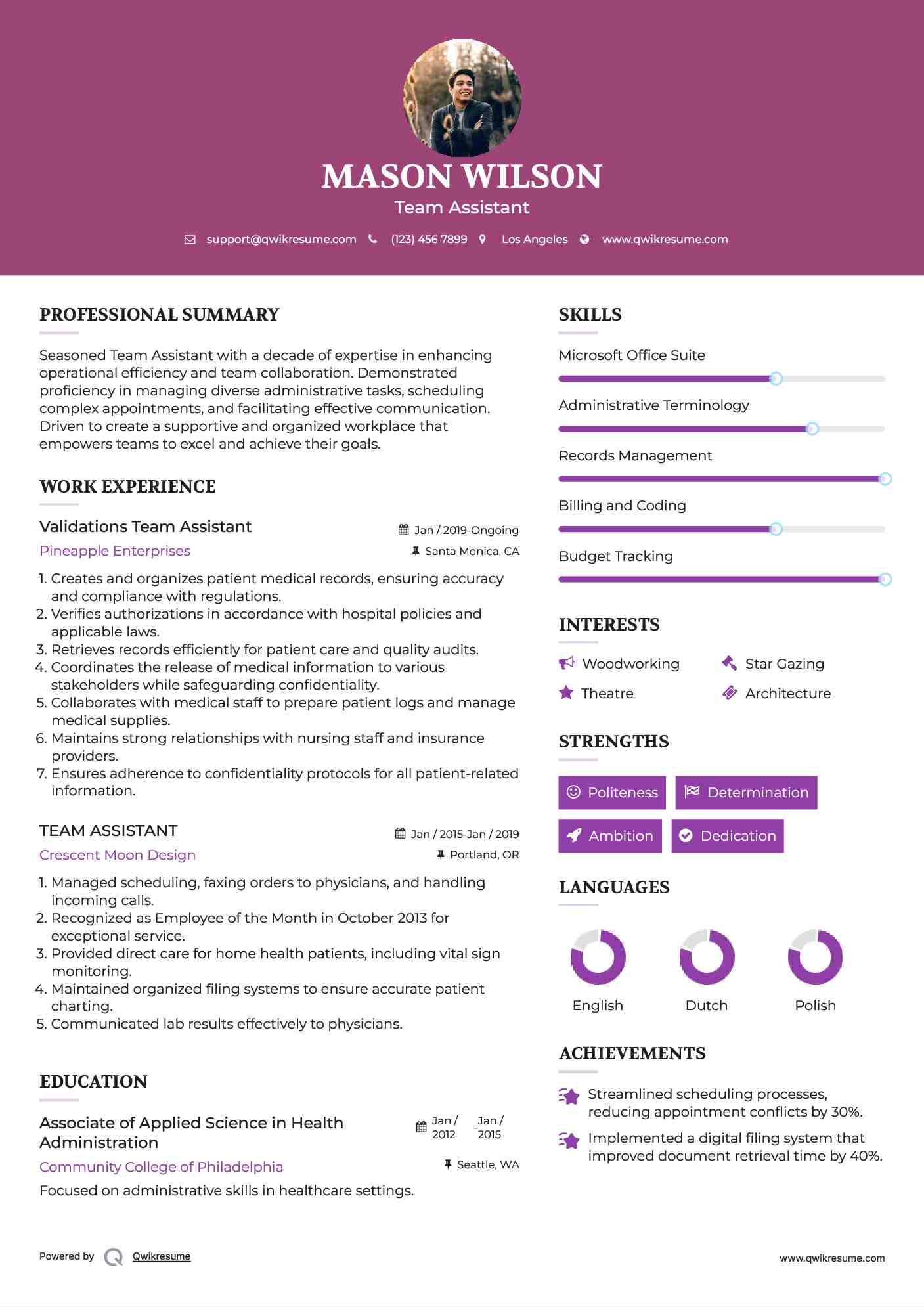 Validations Team Assistant Resume Model